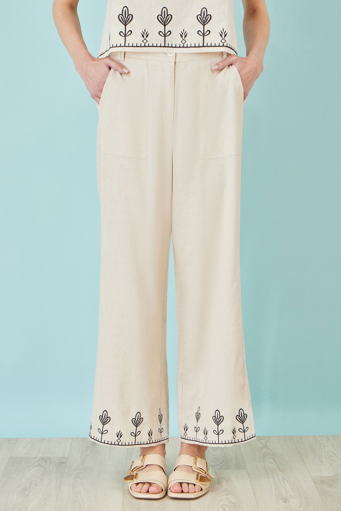 Yumi Ivory Linen Mix Embroirdered Trousers TROUSER Yumi