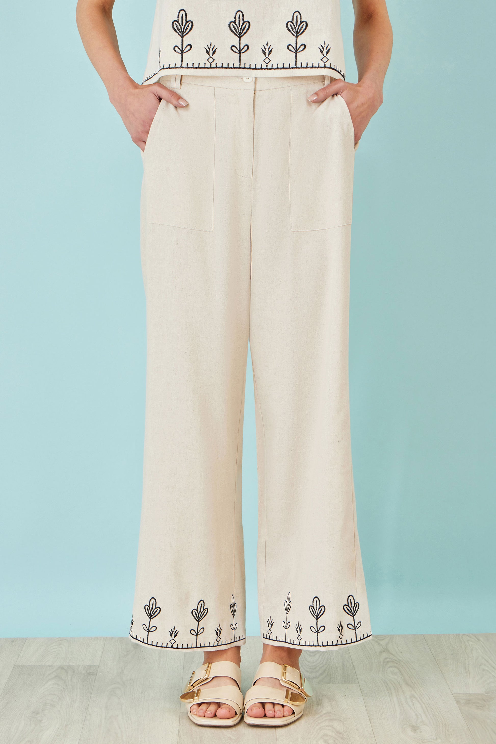 Yumi Ivory Linen Mix Embroirdered Trousers TROUSER Yumi