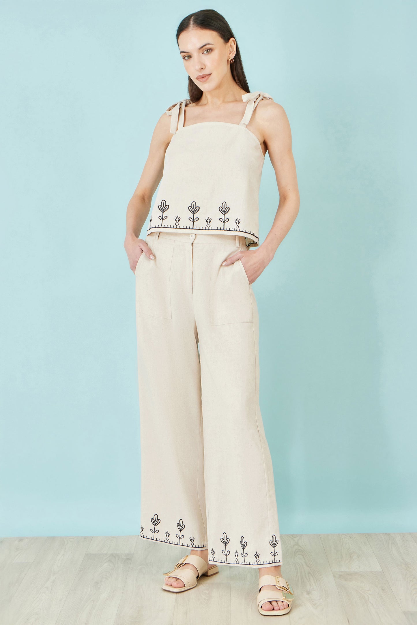 Yumi Ivory Linen Mix Embroirdered Trousers TROUSER Yumi