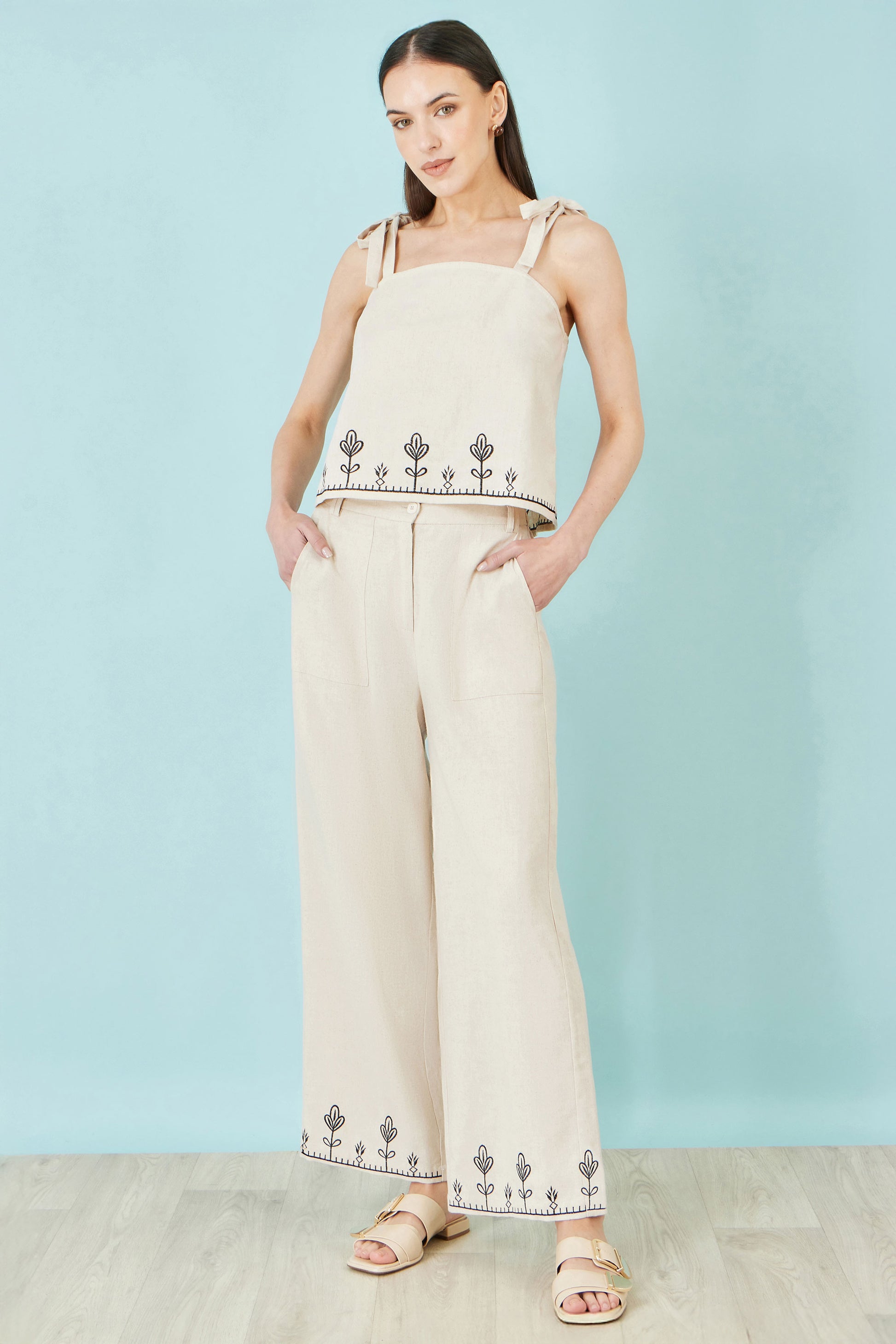 Yumi Ivory Linen Mix Embroirdered Trousers TROUSER Yumi