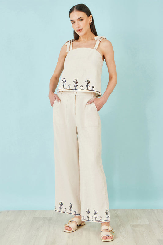 Yumi Ivory Linen Mix Embroirdered Trousers TROUSER Yumi