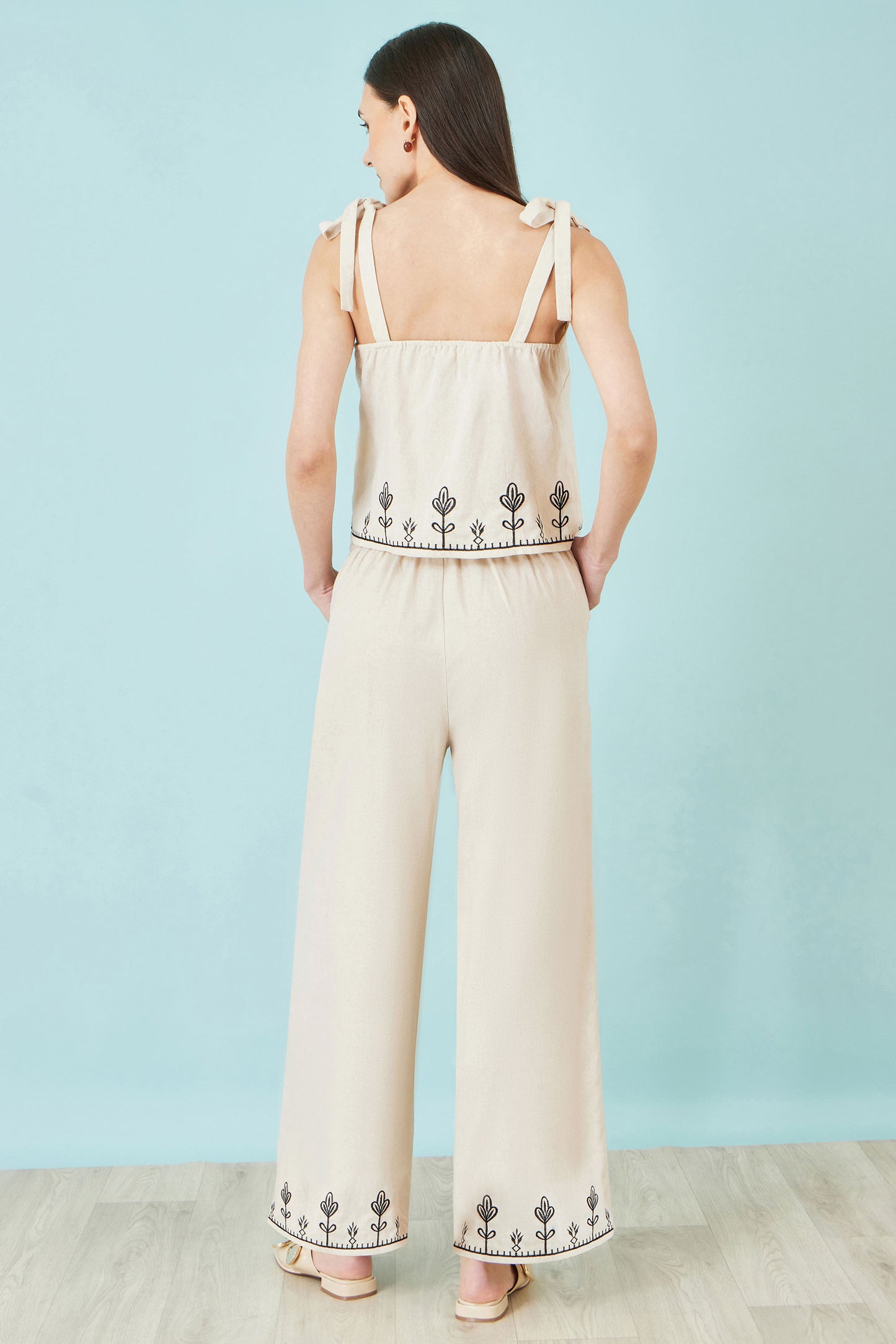 Yumi Ivory Linen Mix Embroirdered Trousers TROUSER Yumi