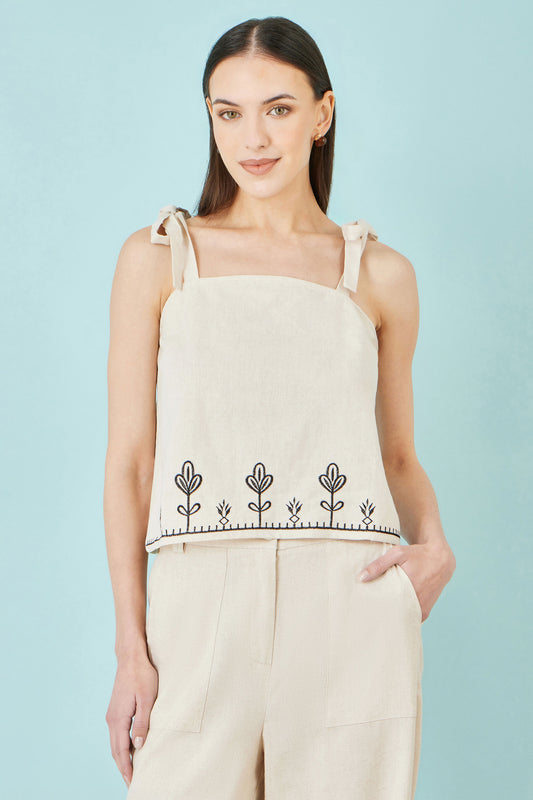 Yumi Ivory Linen Mix Embroirdered Top Tops Yumi