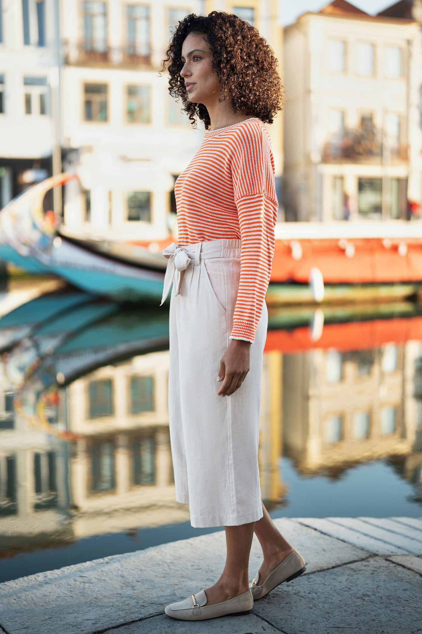 Yumi Natural Linen Mix Cropped Trousers With Tie Belt TROUSER Yumi