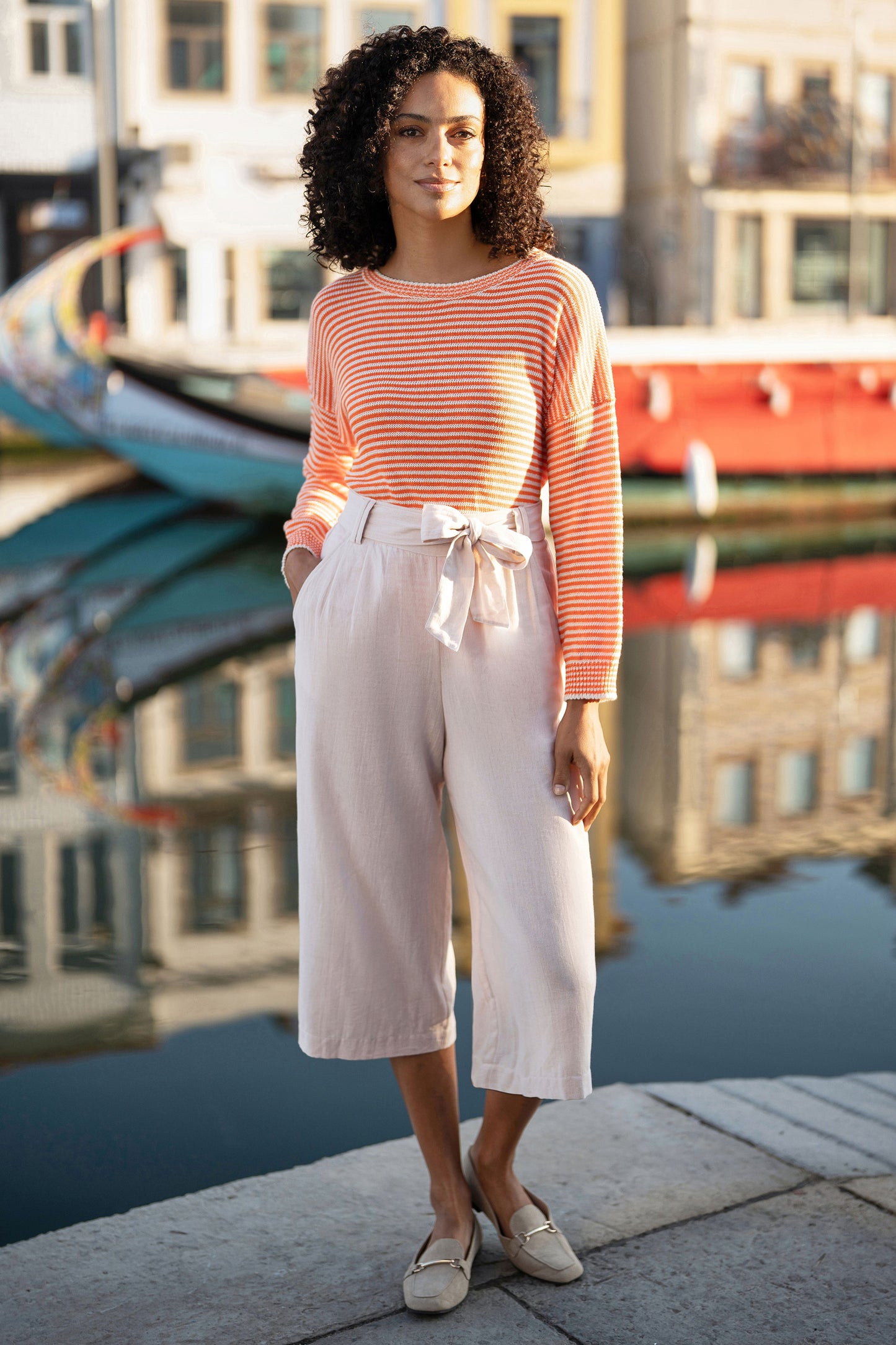 Yumi Natural Linen Mix Cropped Trousers With Tie Belt TROUSER Yumi