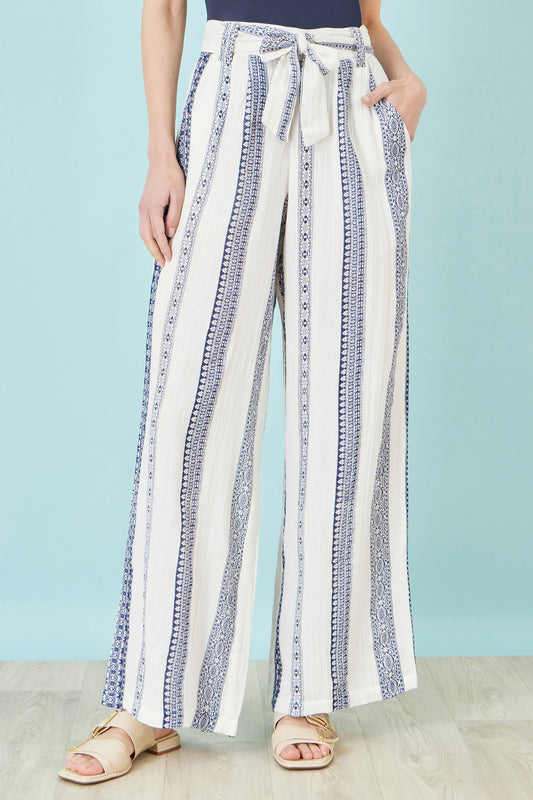Yumi White Linen Mix Cropped Trousers With Tie Belt TROUSER Yumi