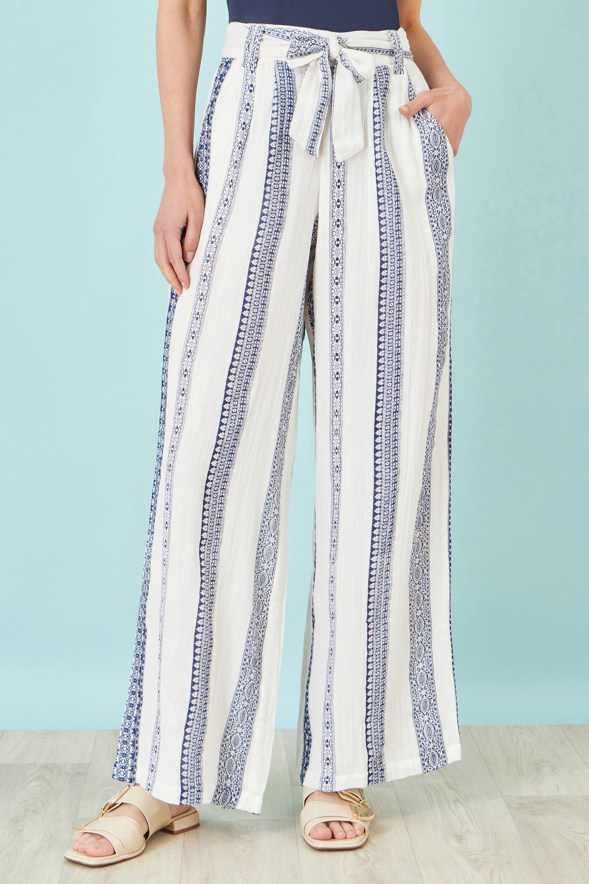Yumi White Linen Mix Cropped Trousers With Tie Belt TROUSER Yumi