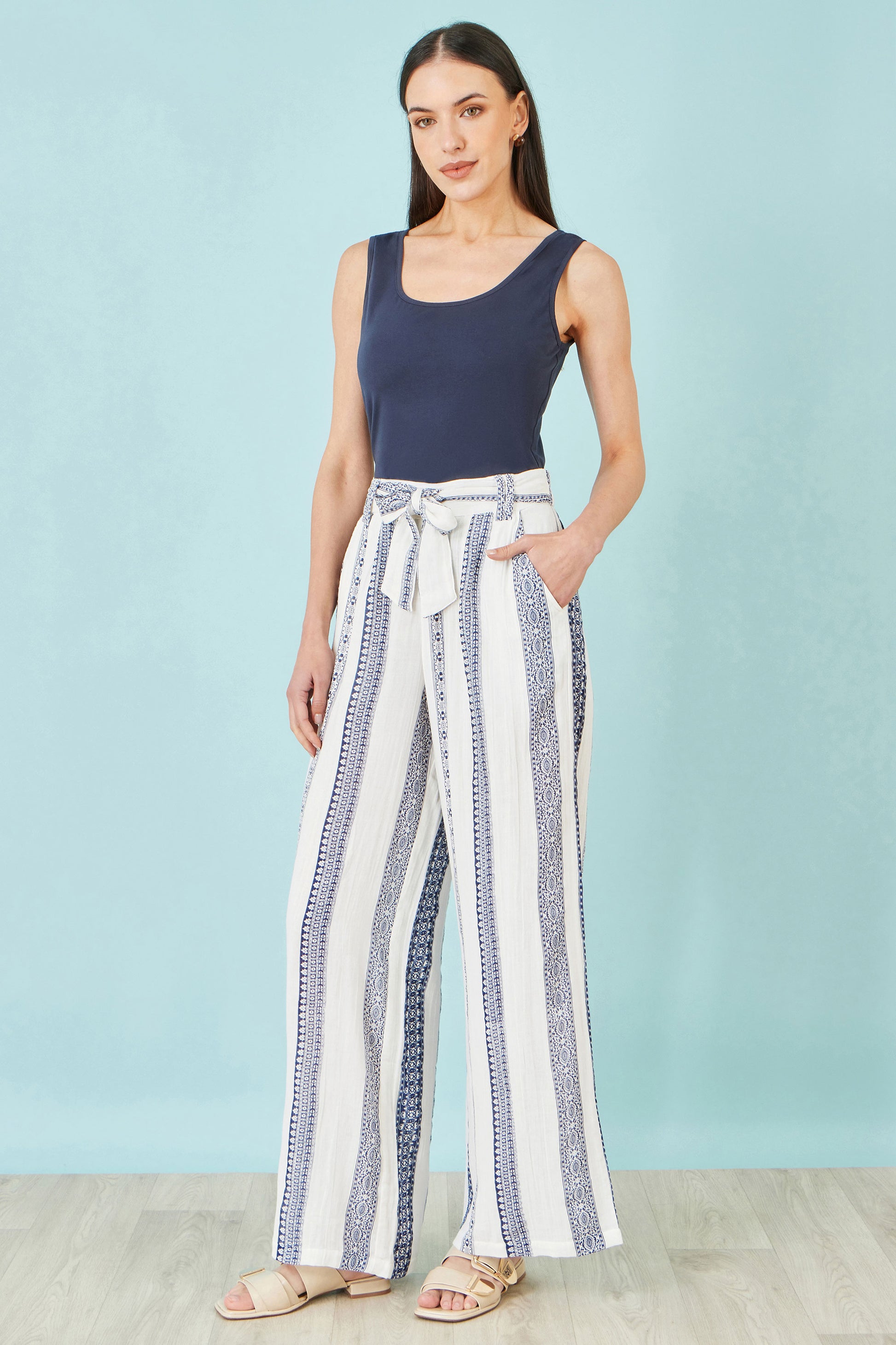 Yumi White Linen Mix Cropped Trousers With Tie Belt TROUSER Yumi