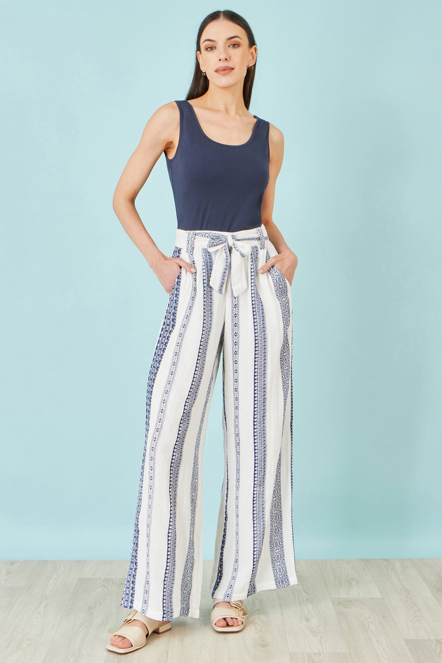Yumi White Linen Mix Cropped Trousers With Tie Belt TROUSER Yumi