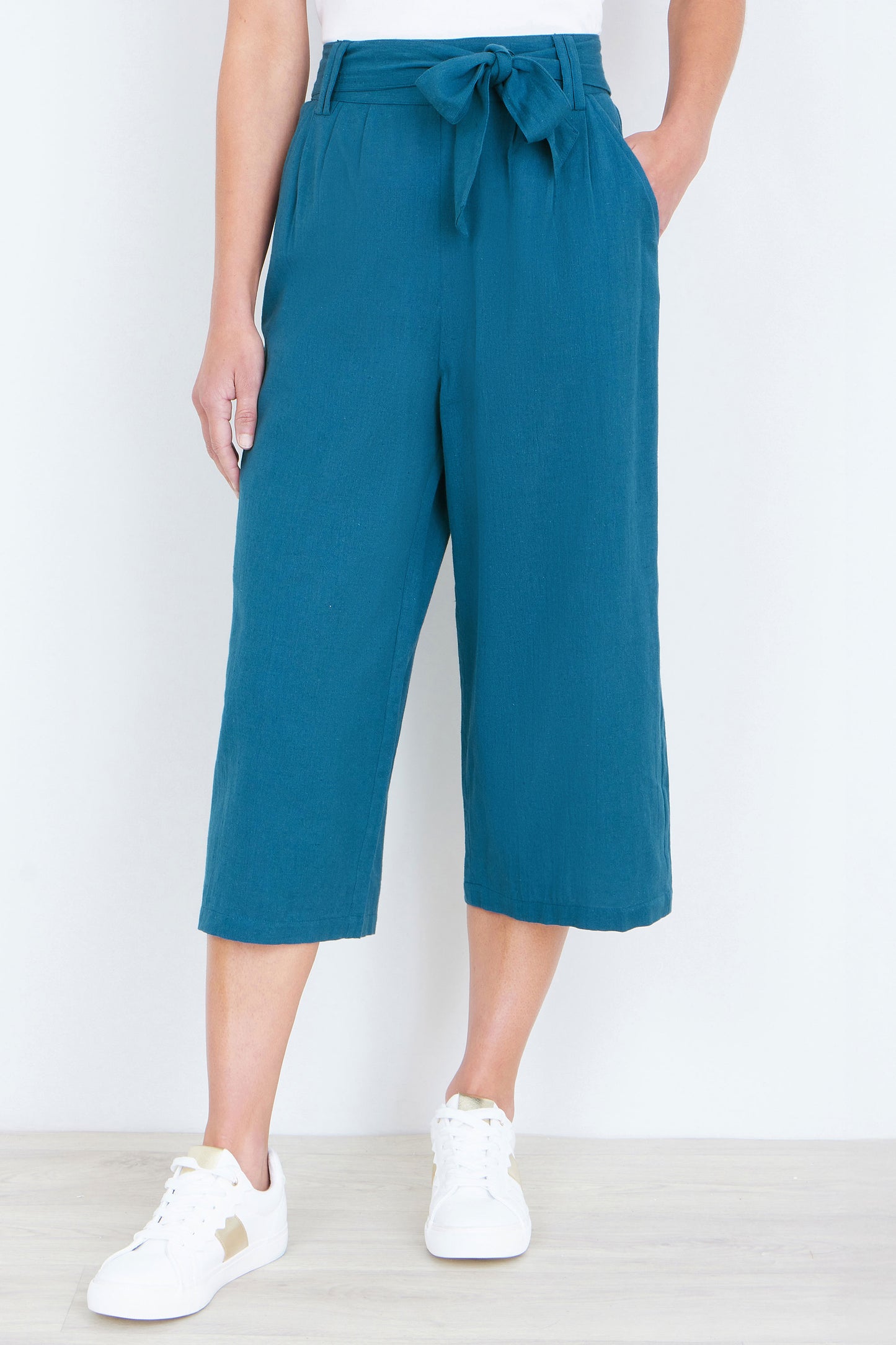 Yumi Teal Linen Mix Cropped Trousers With Tie Belt TROUSER Yumi