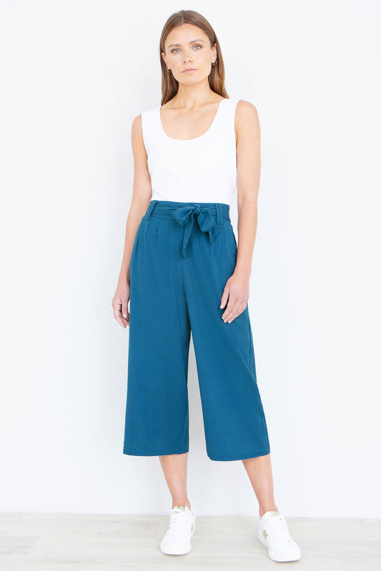 Yumi Teal Linen Mix Cropped Trousers With Tie Belt TROUSER Yumi