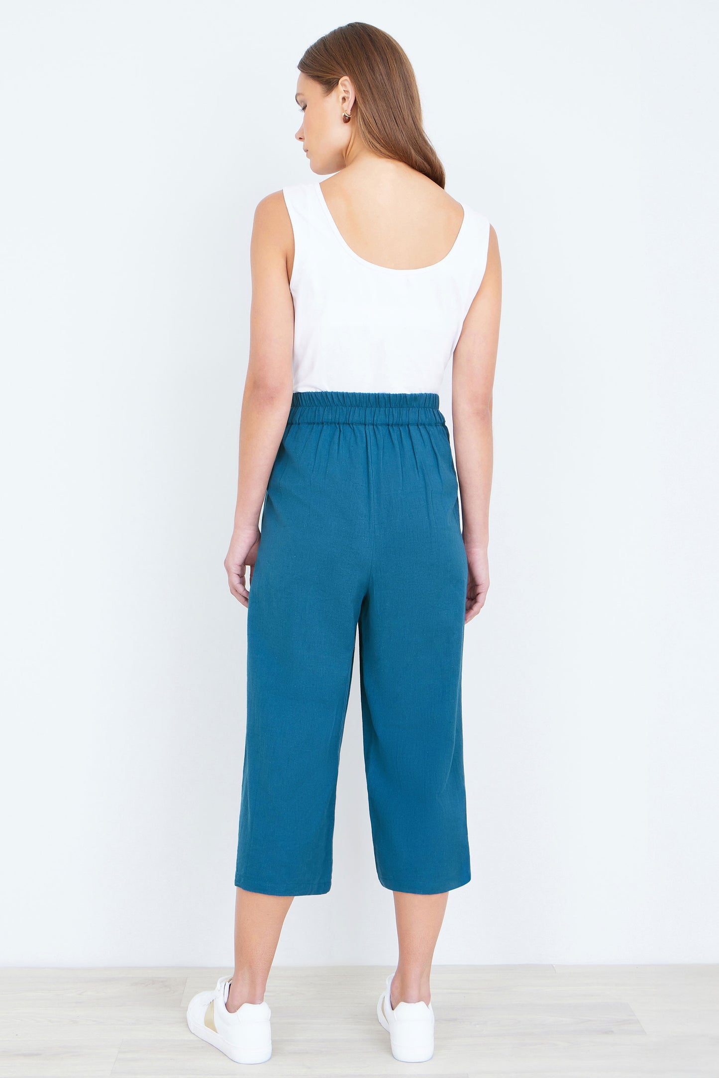 Yumi Teal Linen Mix Cropped Trousers With Tie Belt TROUSER Yumi