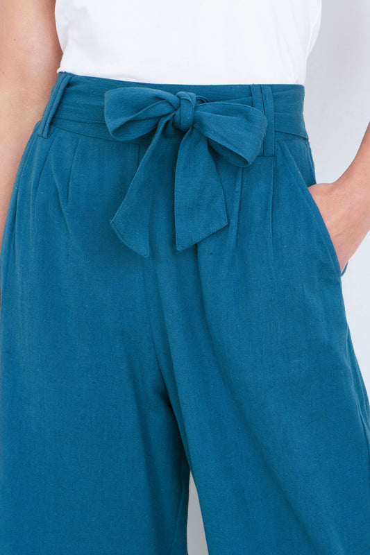 Yumi Teal Linen Mix Cropped Trousers With Tie Belt TROUSER Yumi
