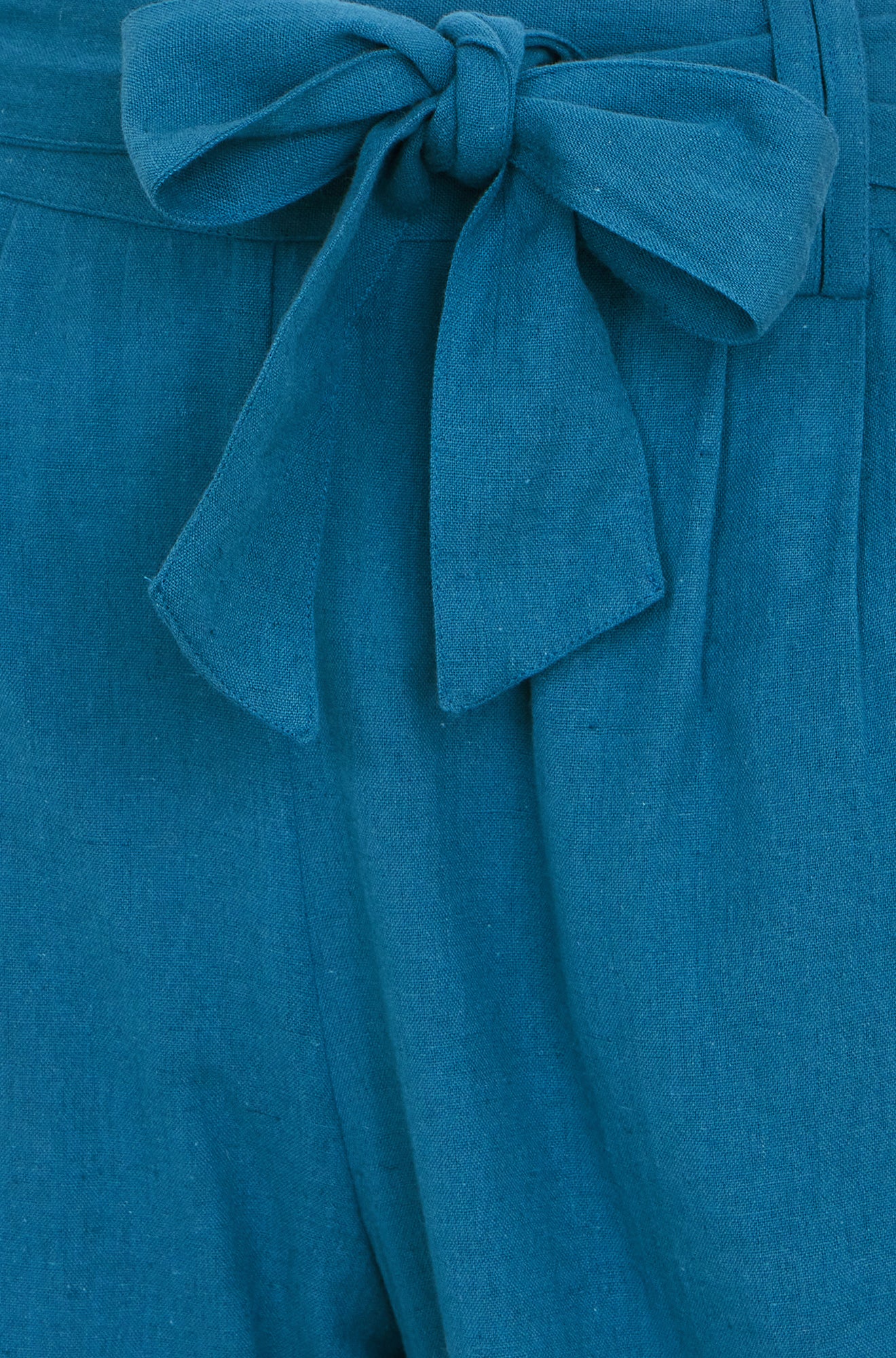 Yumi Teal Linen Mix Cropped Trousers With Tie Belt TROUSER Yumi