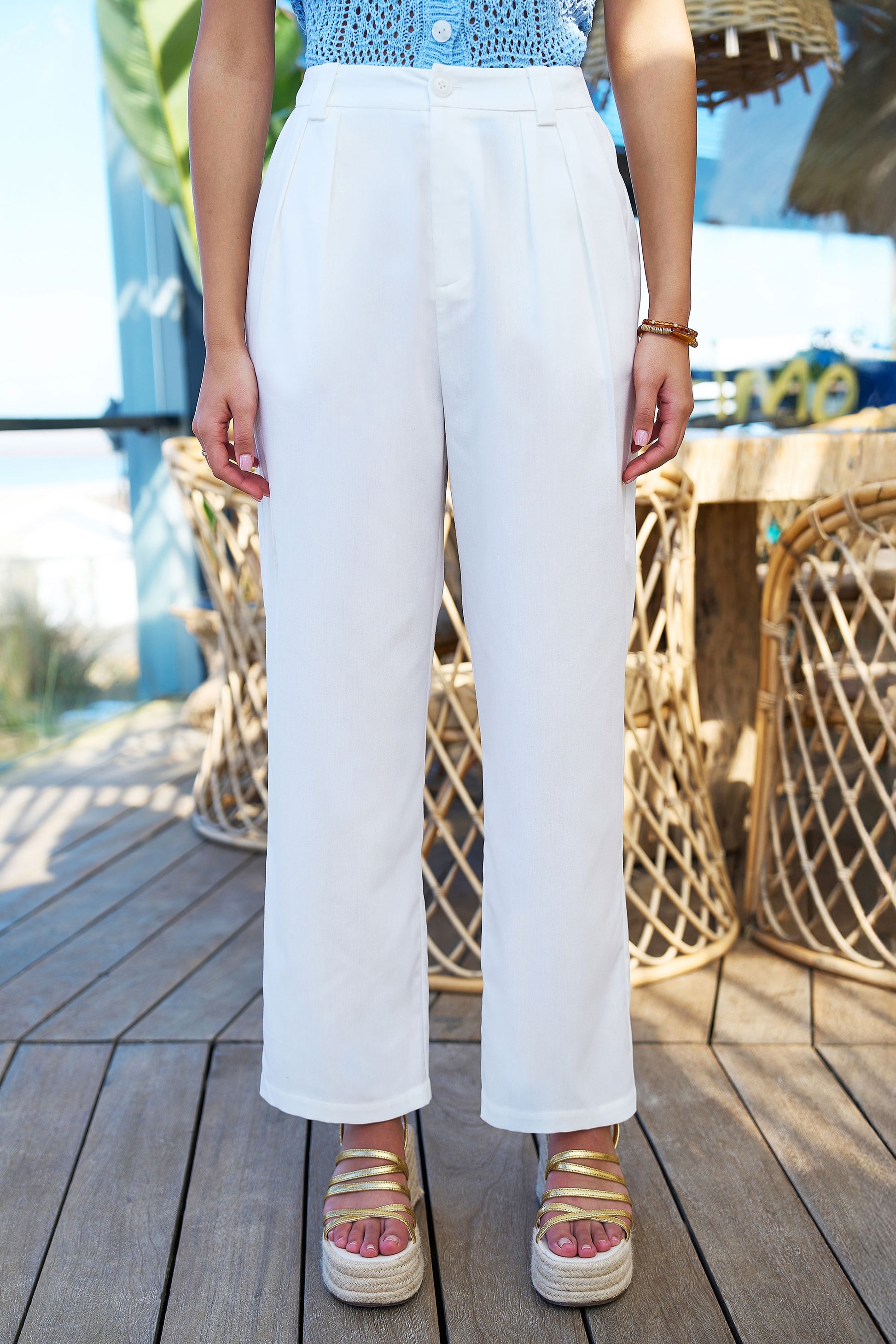 Yumi White Wide Leg Trousers TROUSER Yumi