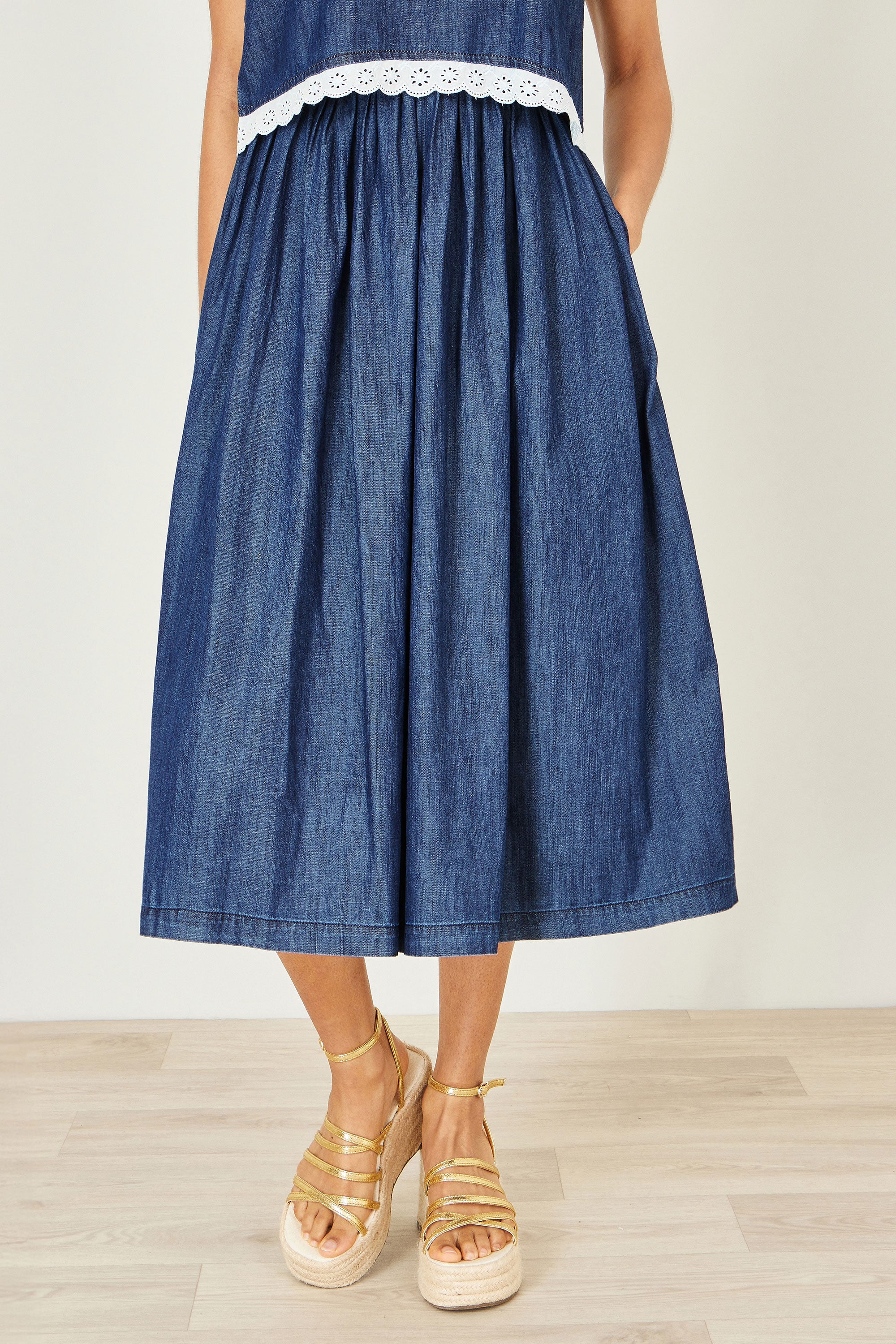 Yumi Blue Denim Chambray Gathered Midi Skirt | Yumi