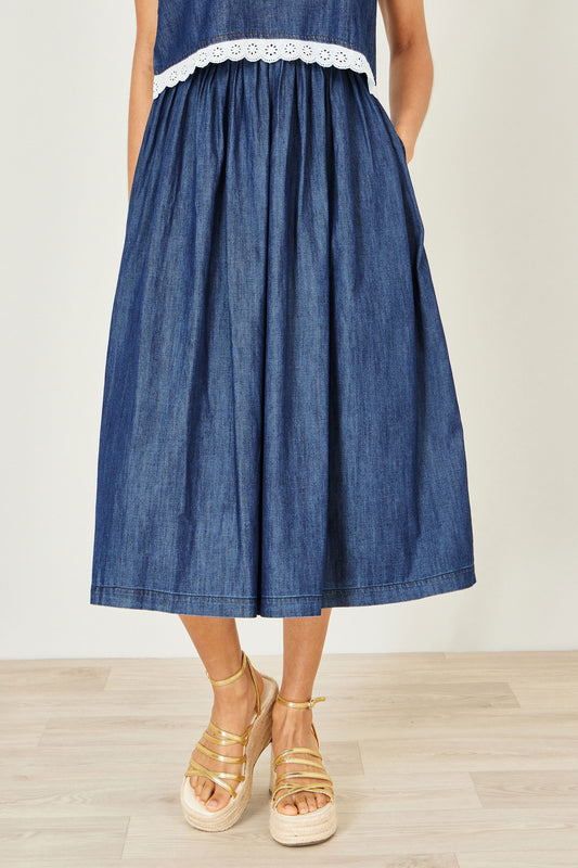 Yumi Blue Denim Chambray Gathered Midi Skirt Skirts Yumi