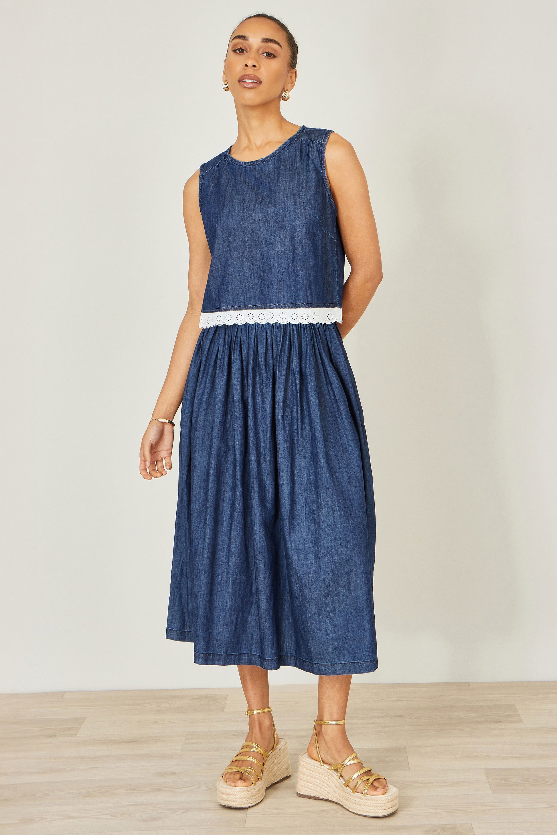 Yumi Blue Denim Chambray Gathered Midi Skirt Skirts Yumi