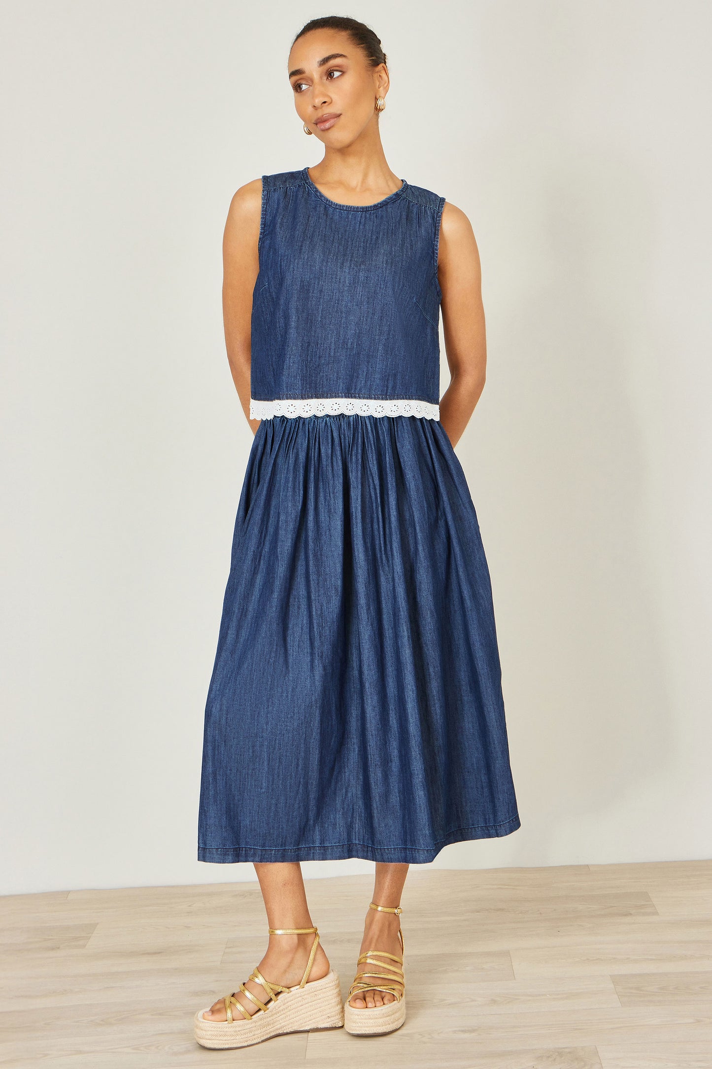 Yumi Blue Denim Chambray Gathered Midi Skirt Skirts Yumi
