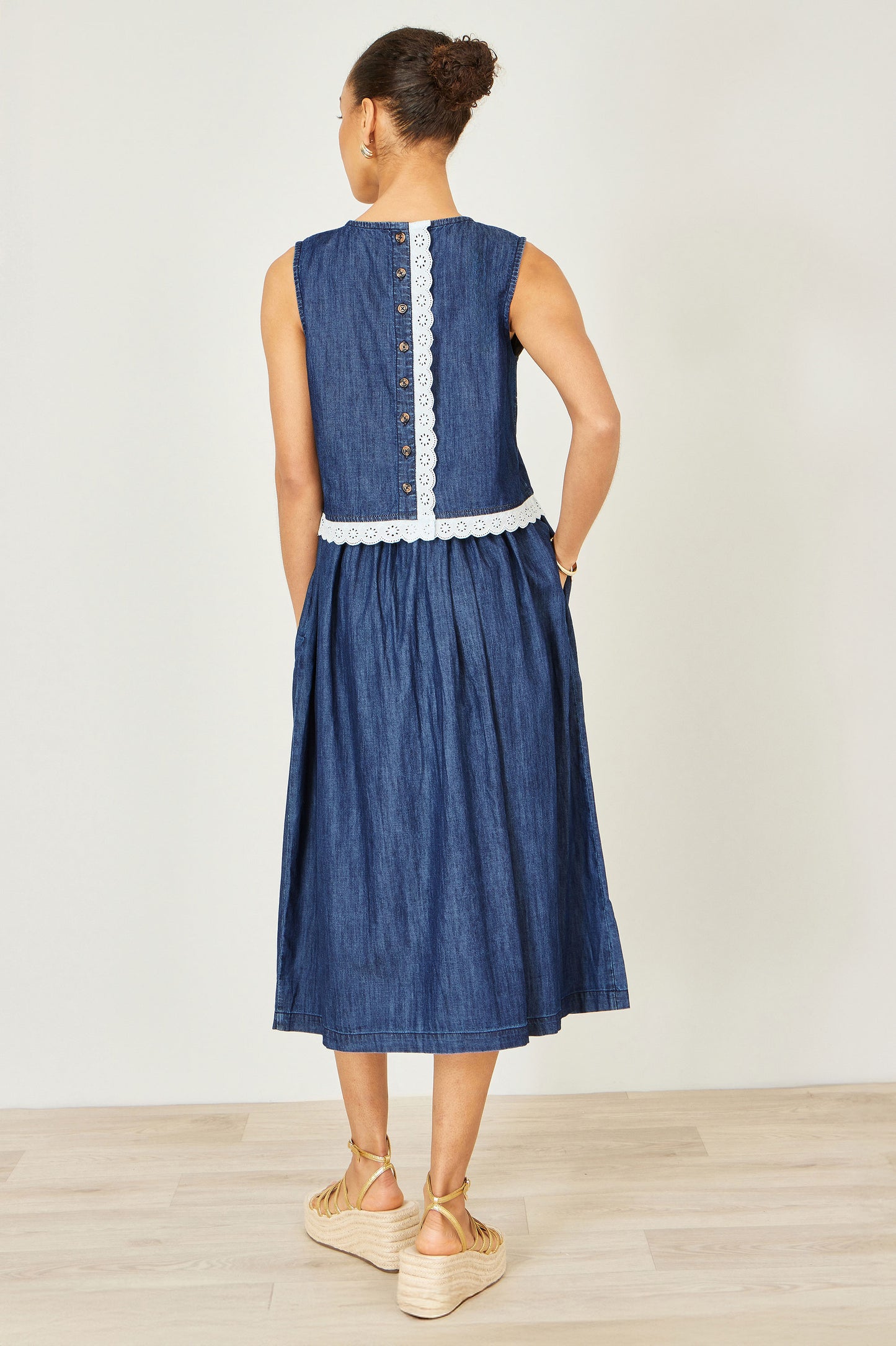 Yumi Blue Denim Chambray Gathered Midi Skirt Skirts Yumi