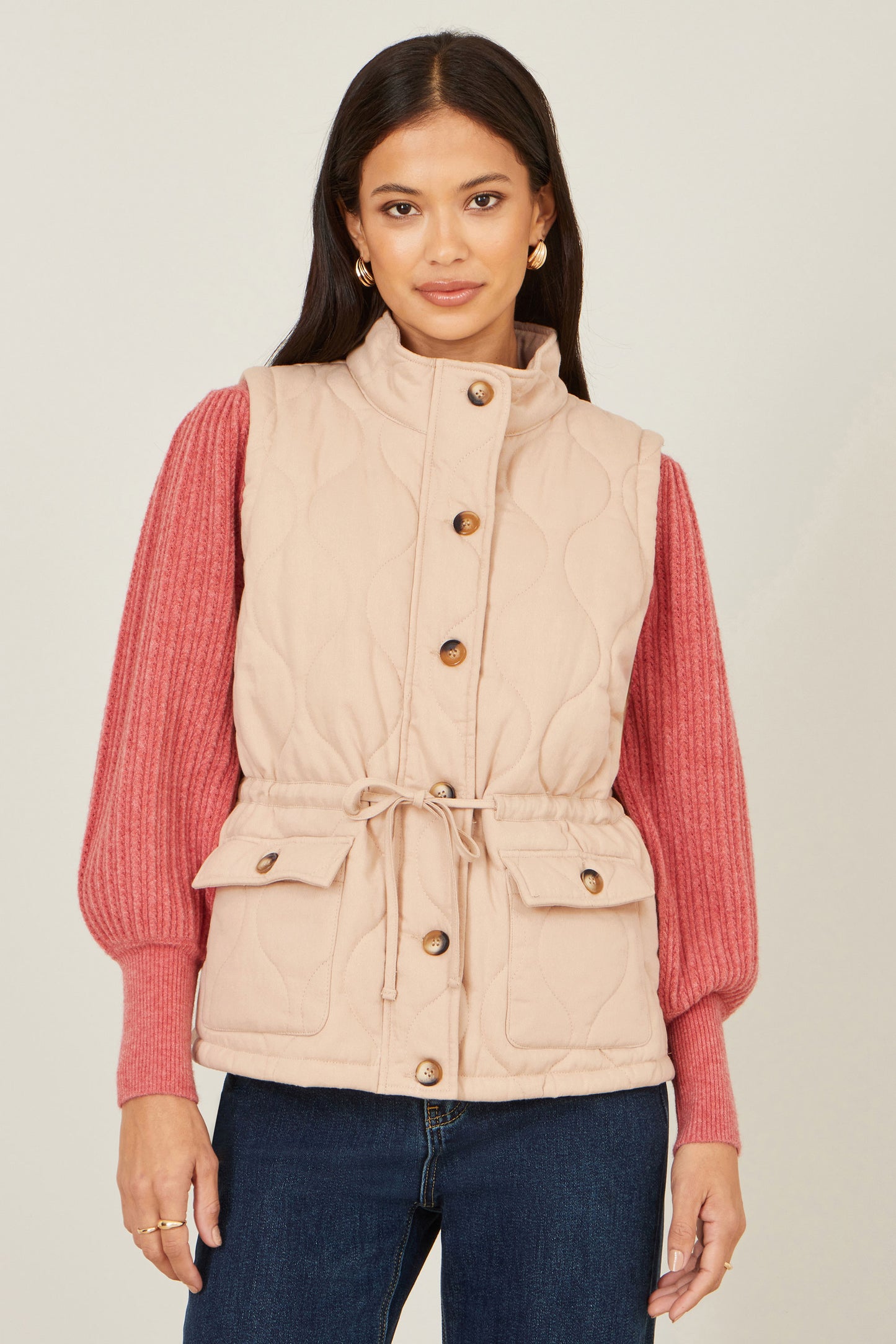 Yumi Beige Quilted Utility Gilet Outerwear Yumi
