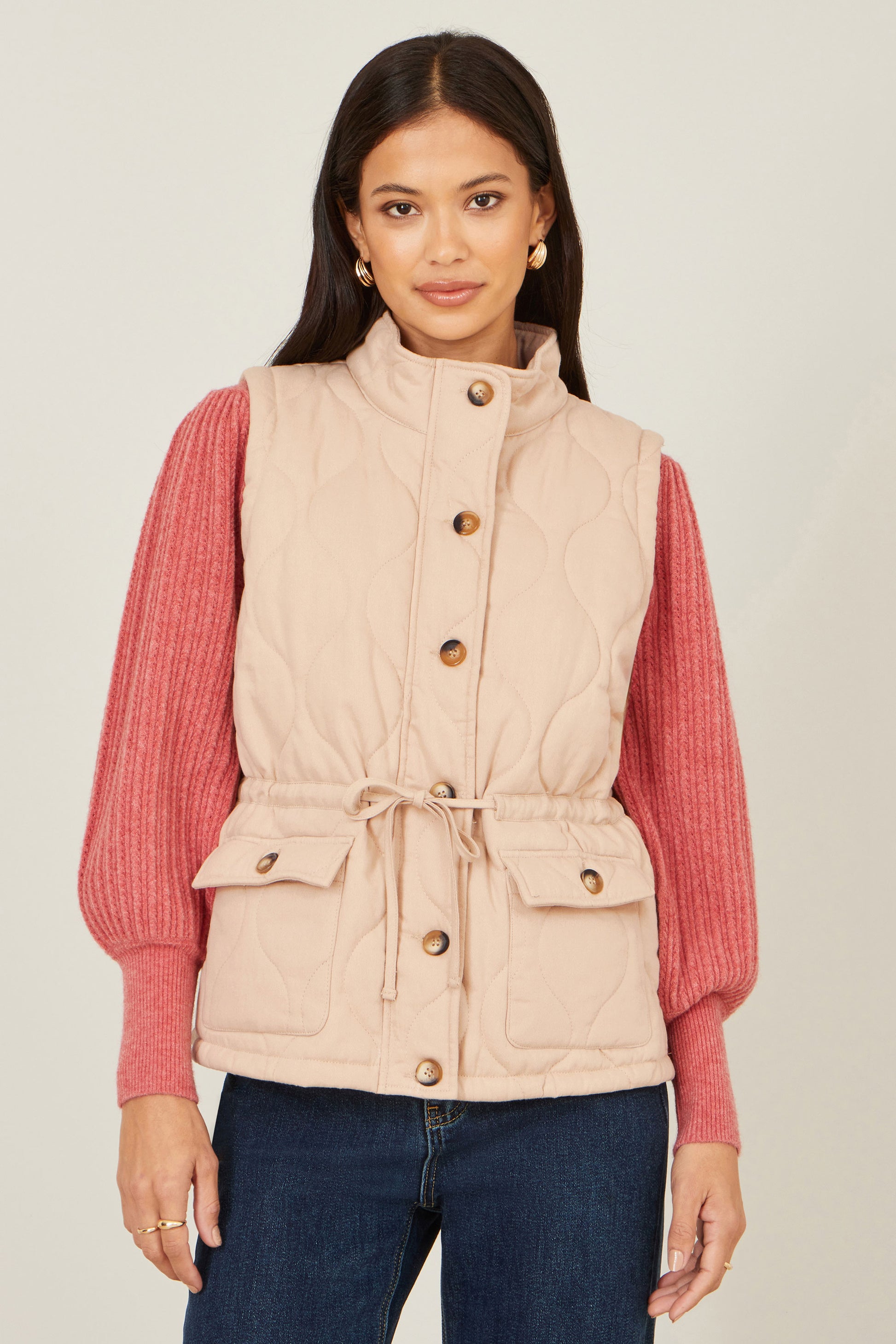 Yumi Beige Quilted Utility Gilet Outerwear Yumi