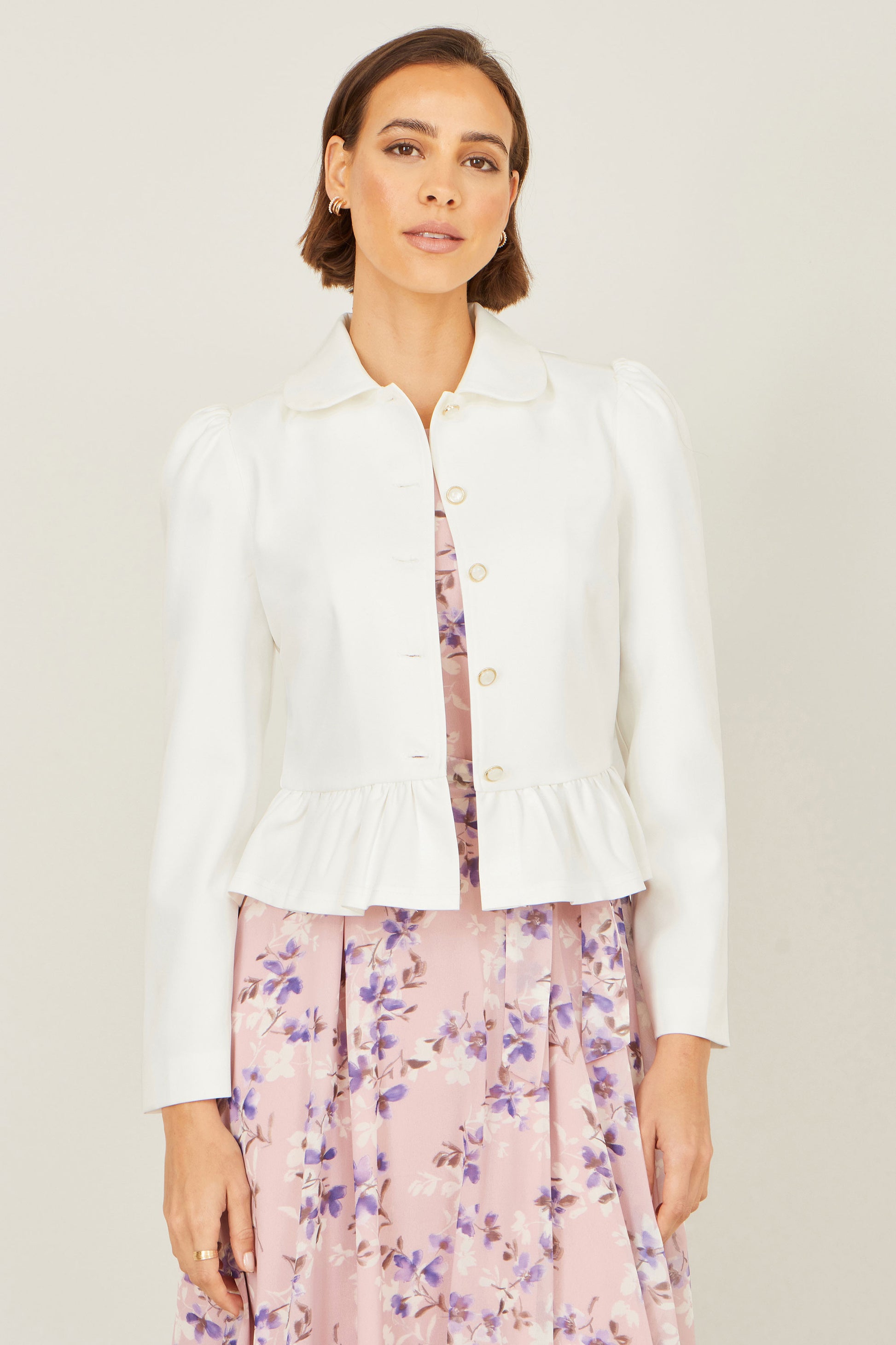 Yumi White Peplum Fitted Jacket Outerwear Yumi