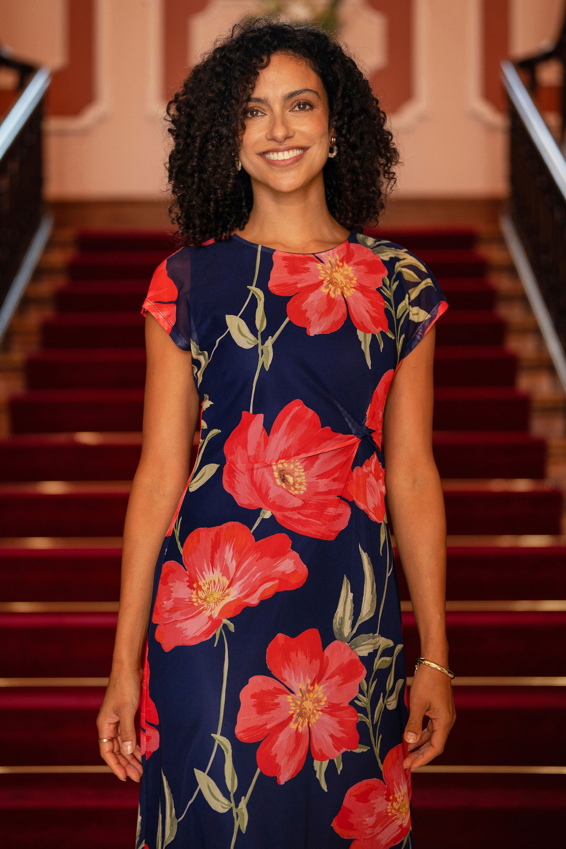 Yumi Navy Poppy Print Midi Mesh Dress Dress Occasion Yumi