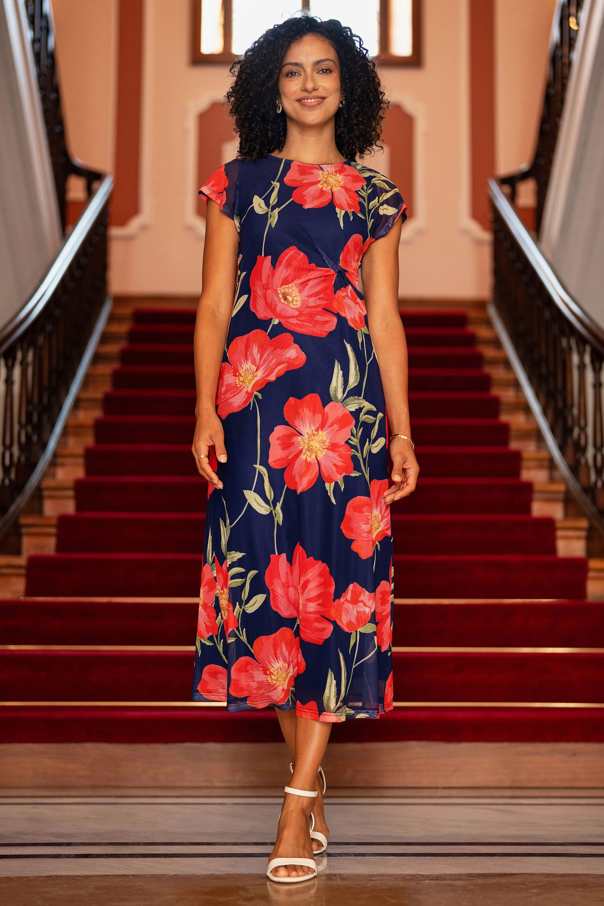 Yumi Navy Poppy Print Midi Mesh Dress Dress Occasion Yumi