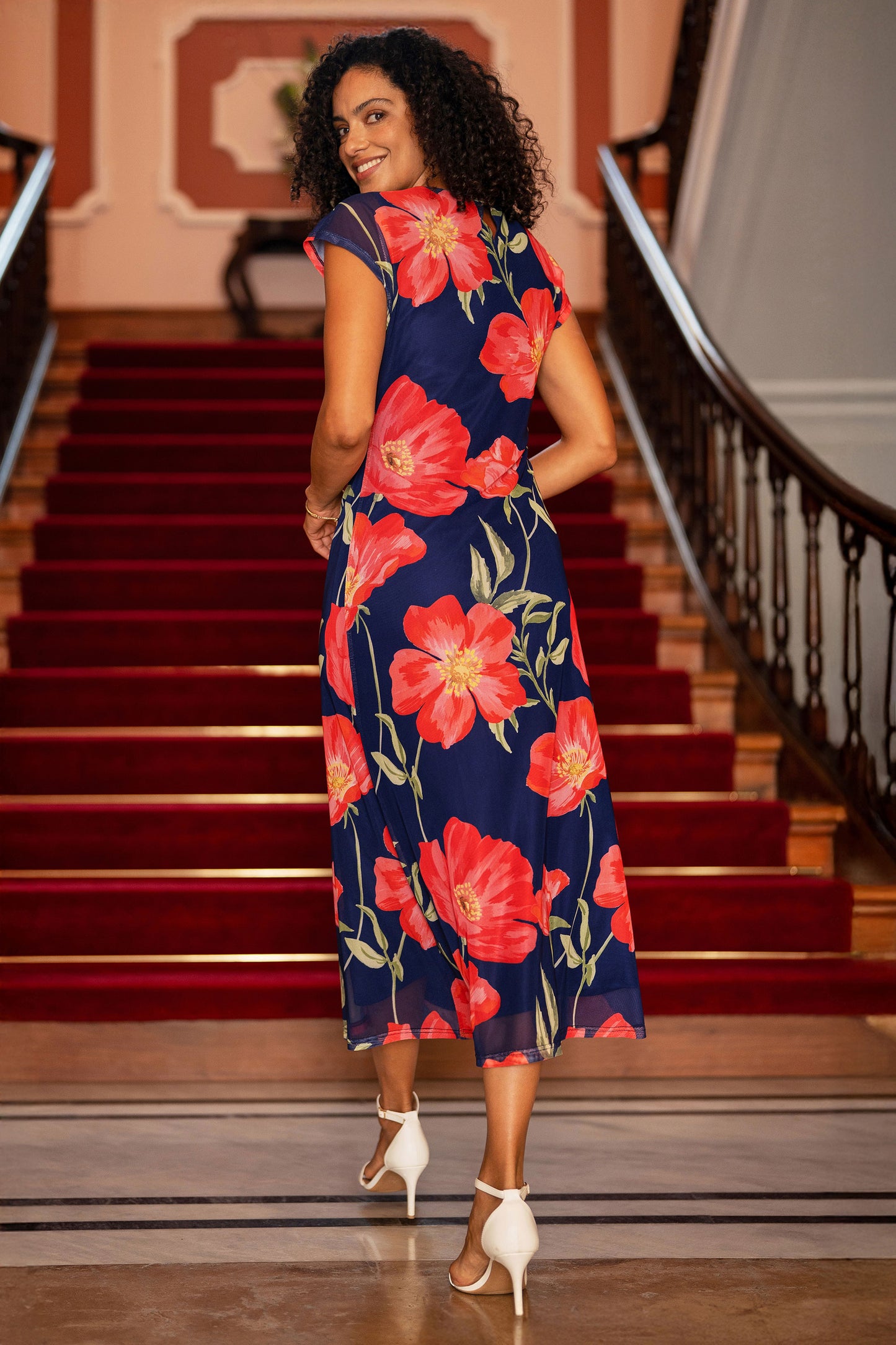 Yumi Navy Poppy Print Midi Mesh Dress Dress Occasion Yumi