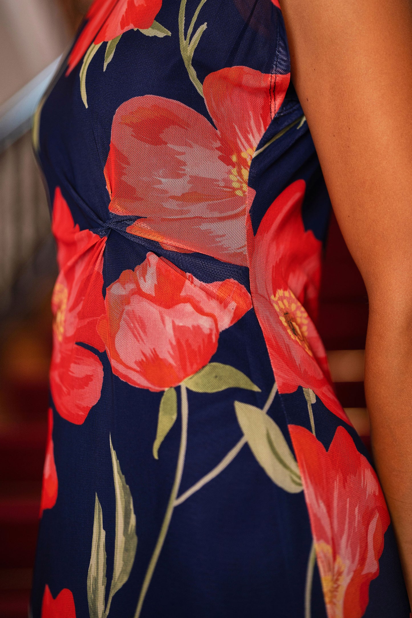 Yumi Navy Poppy Print Midi Mesh Dress Dress Occasion Yumi