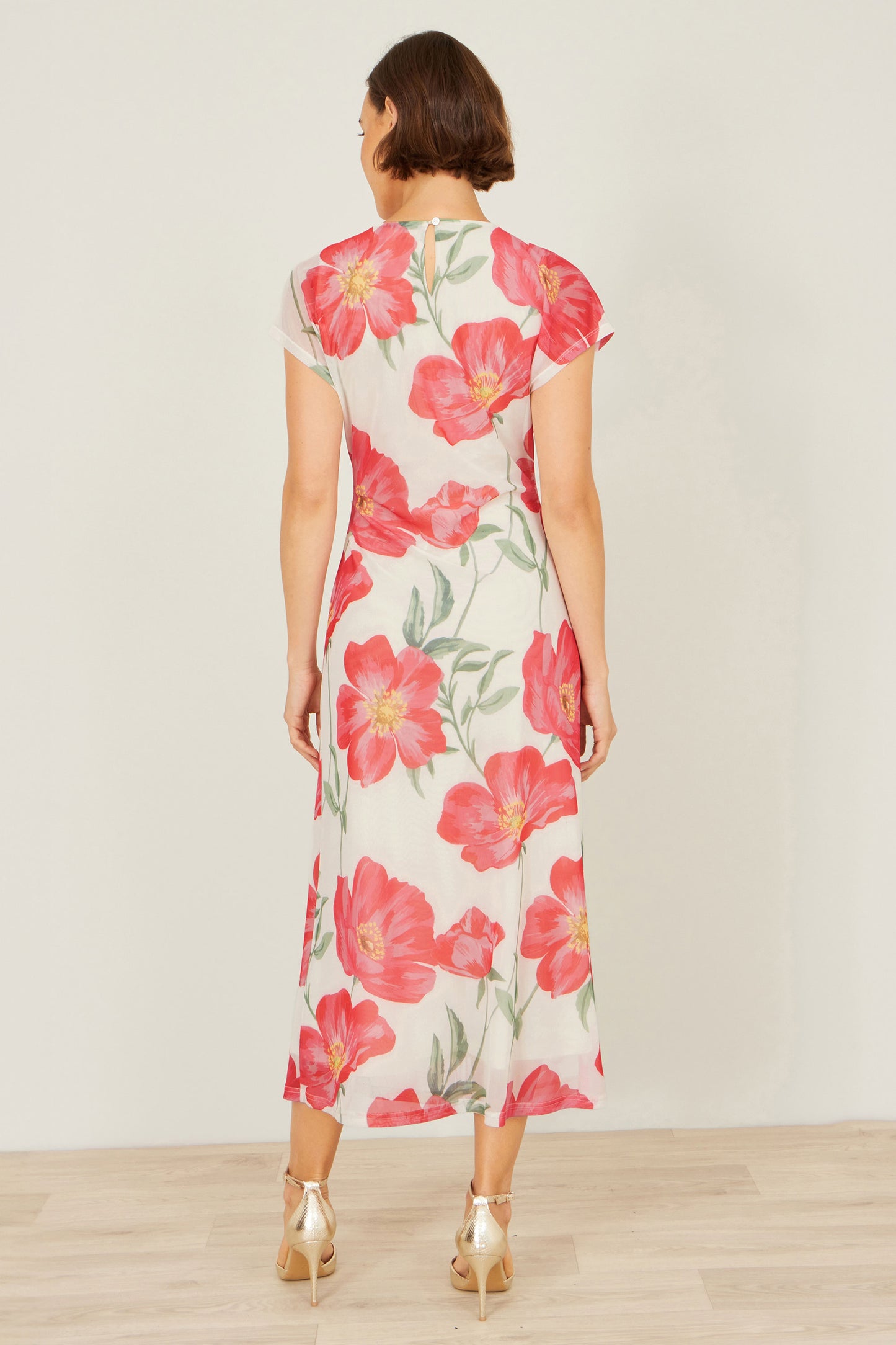 Yumi Ivory Poppy Print Midi Mesh Dress Dress Occasion Yumi