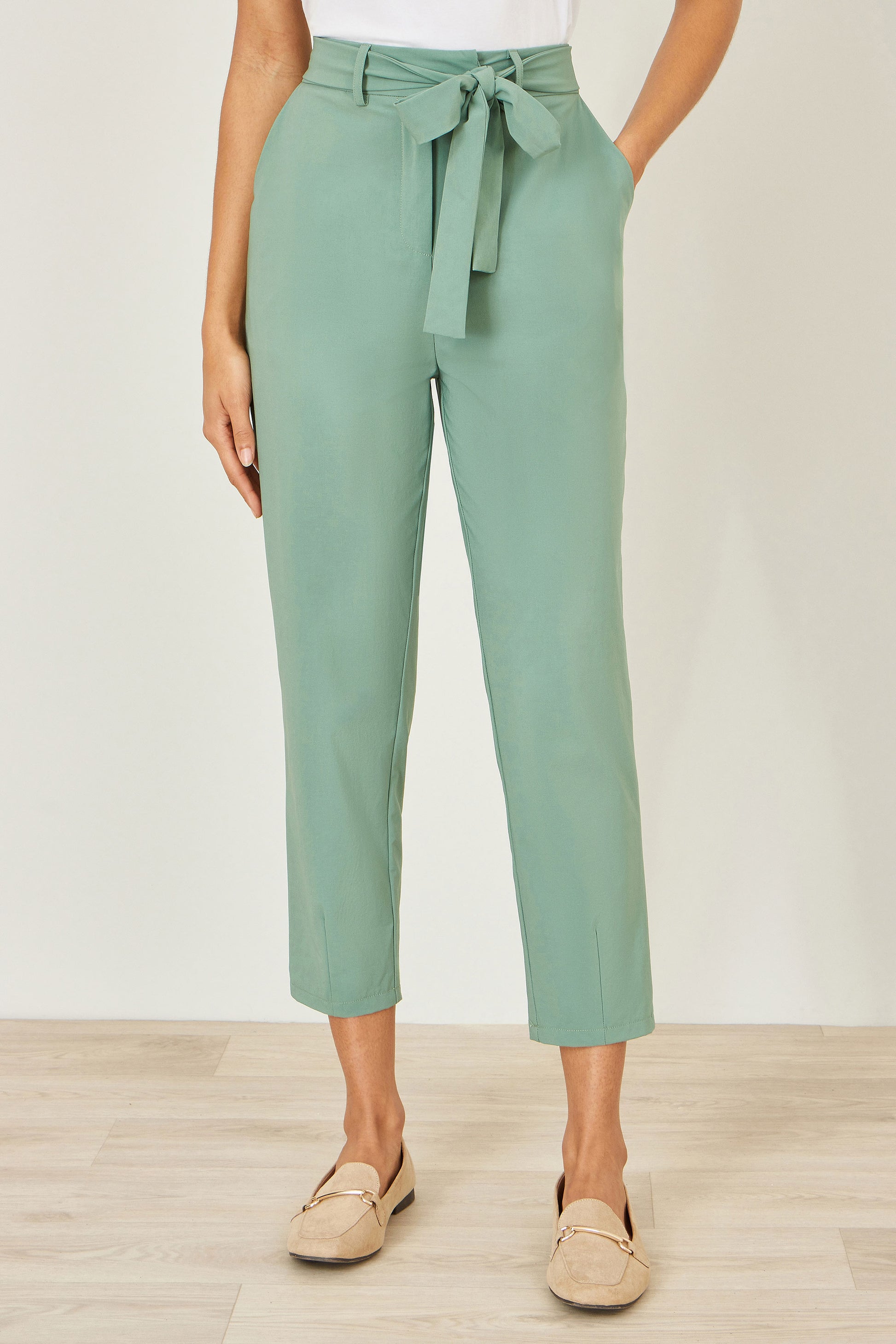 Yumi Green Stretch Capri Pants With Tie Belt TROUSER Yumi
