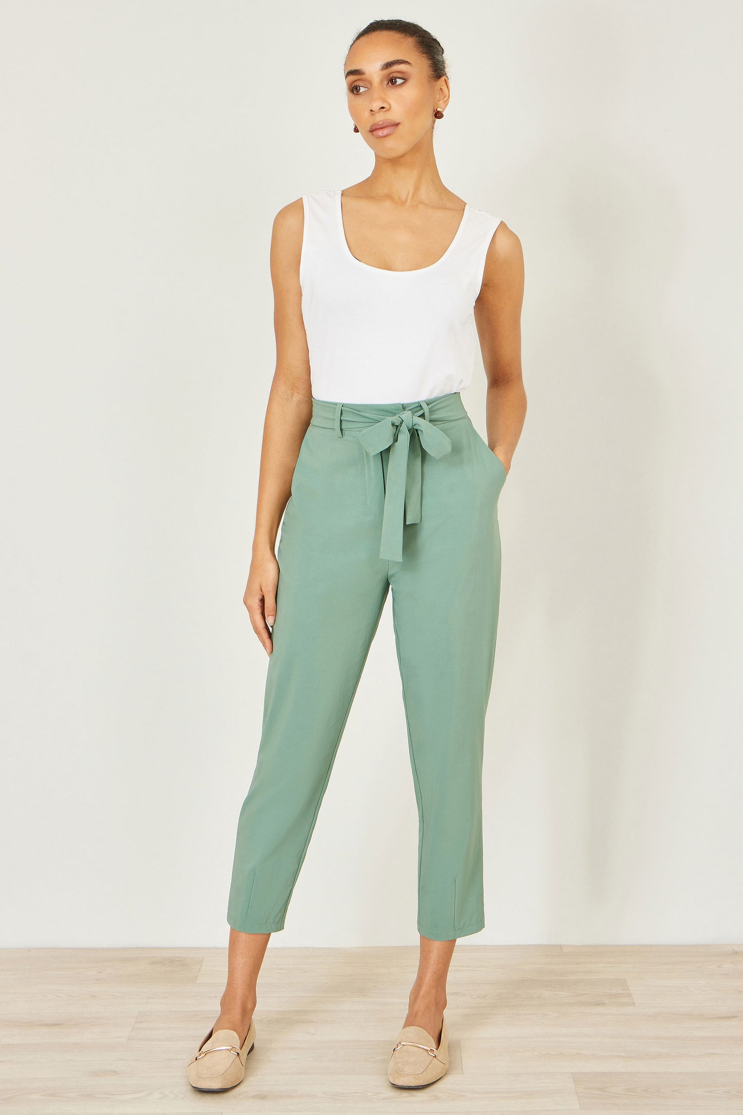 Yumi Green Stretch Capri Pants With Tie Belt TROUSER Yumi