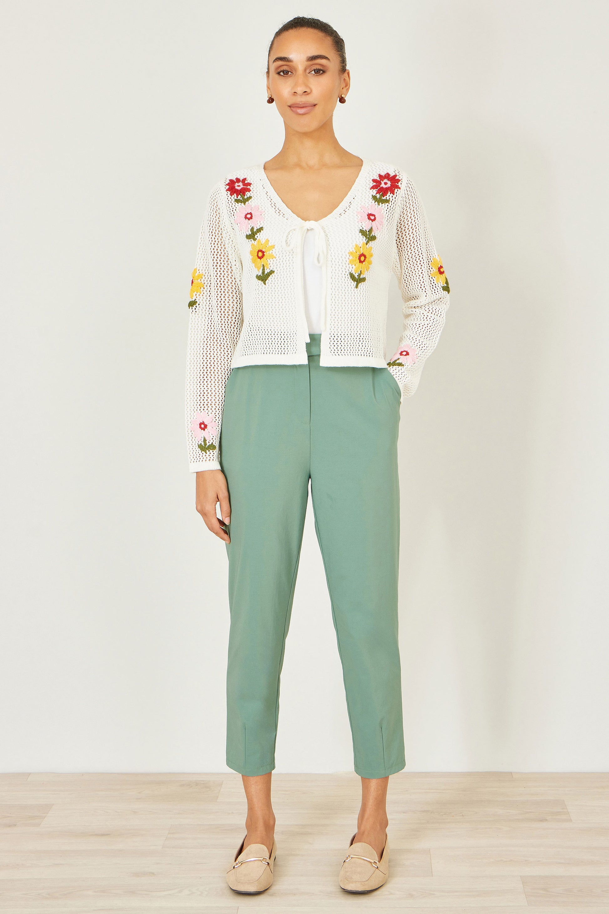 Yumi Green Stretch Capri Pants With Tie Belt TROUSER Yumi