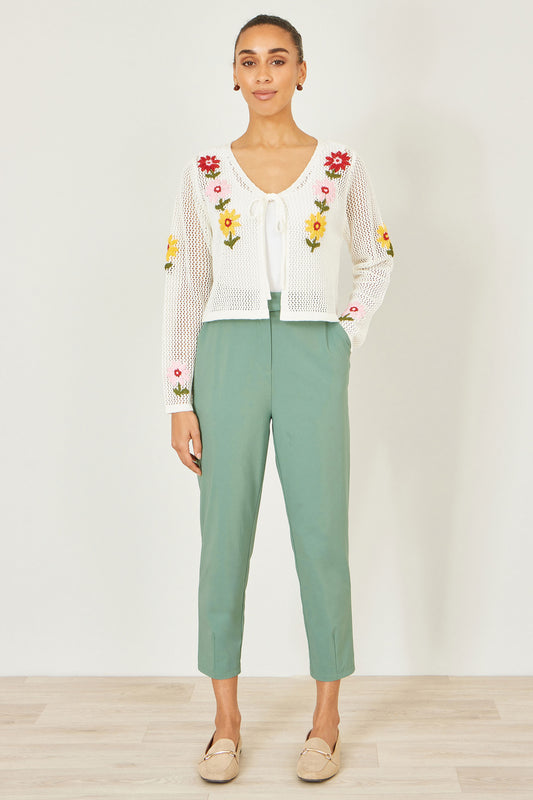 Yumi Green Stretch Capri Pants With Tie Belt TROUSER Yumi