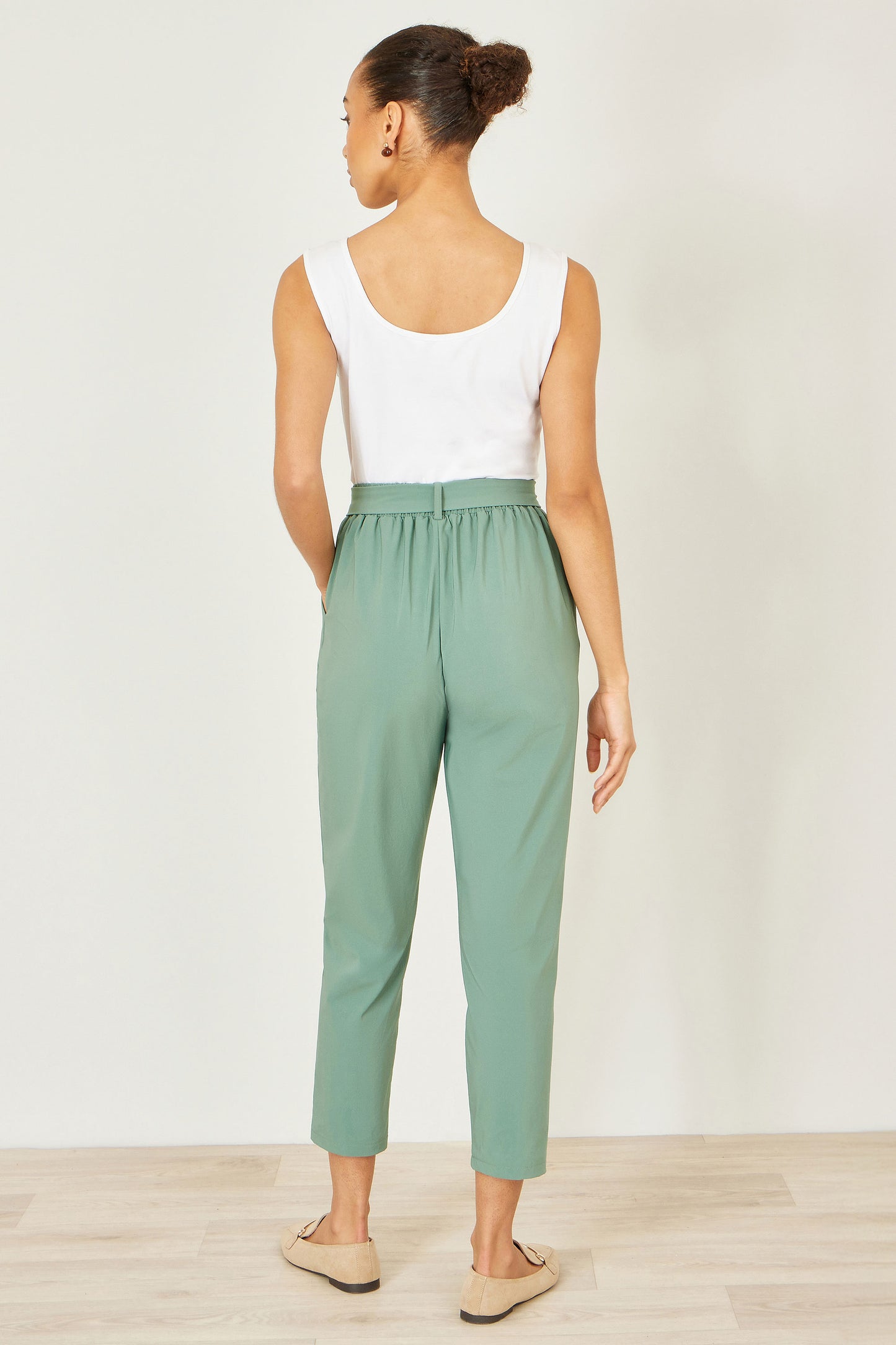 Yumi Green Stretch Capri Pants With Tie Belt TROUSER Yumi