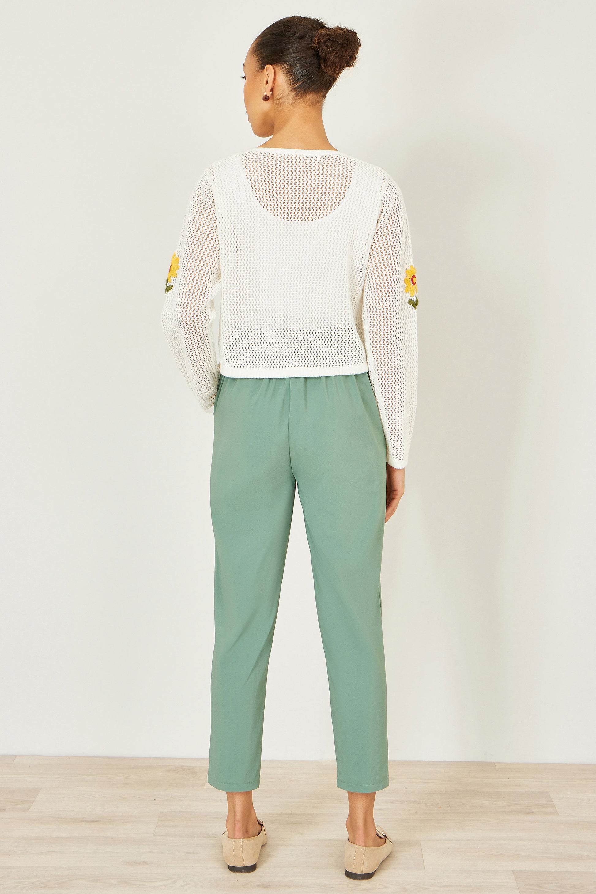 Yumi Green Stretch Capri Pants With Tie Belt TROUSER Yumi