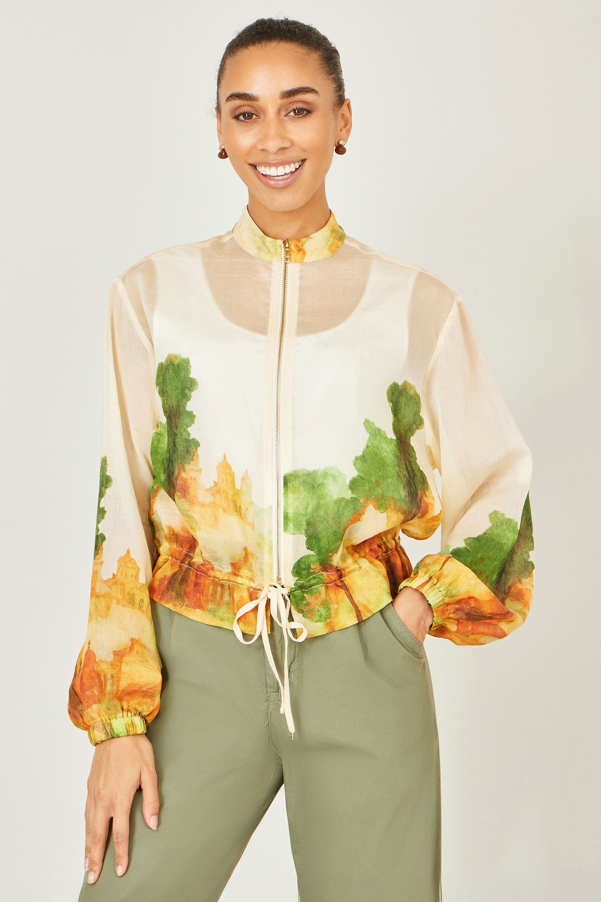 Yumi Beige Printed Lightweight Modal Bomber Jacket Outerwear Yumi