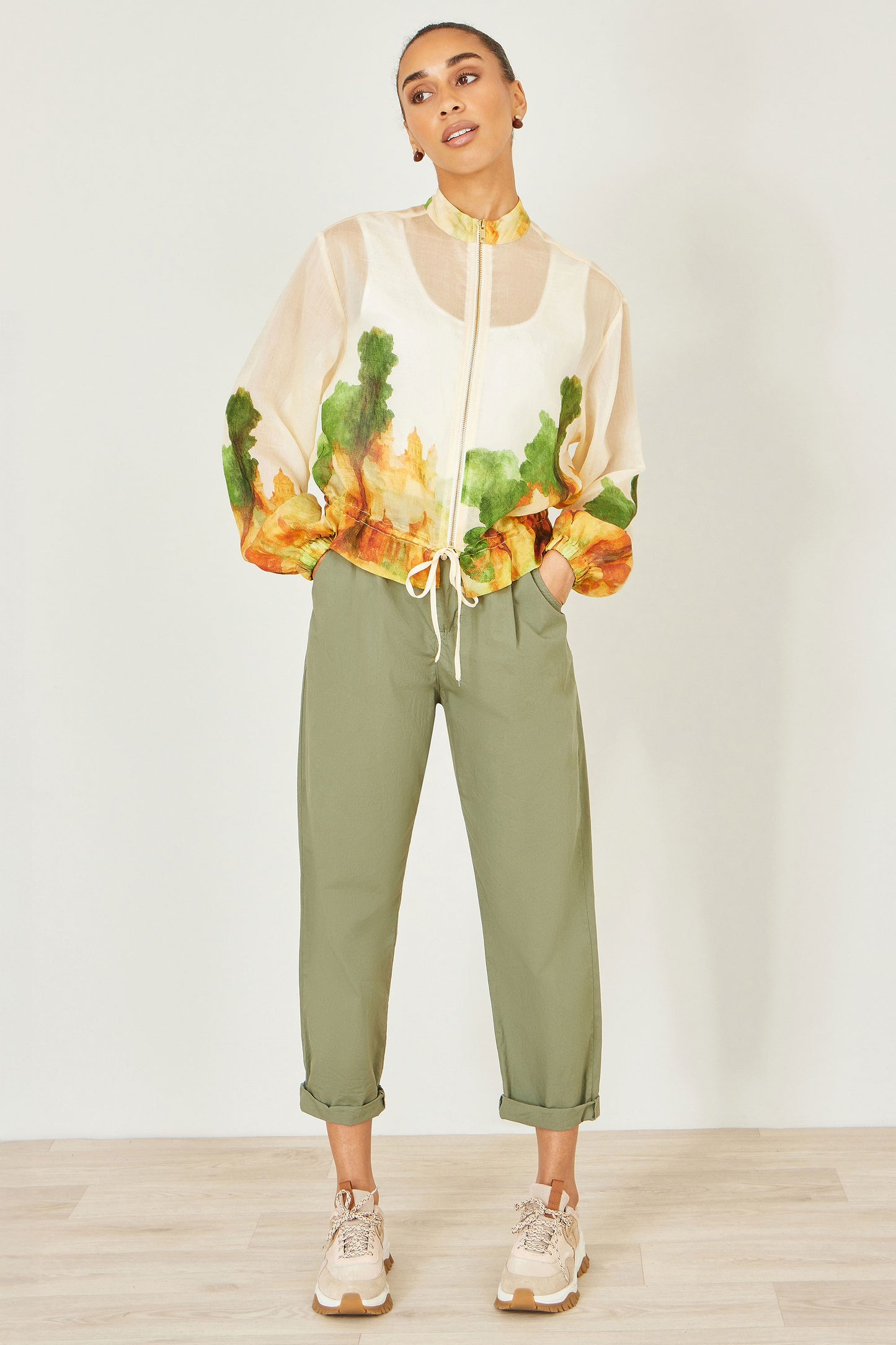 Yumi Beige Printed Lightweight Modal Bomber Jacket Outerwear Yumi