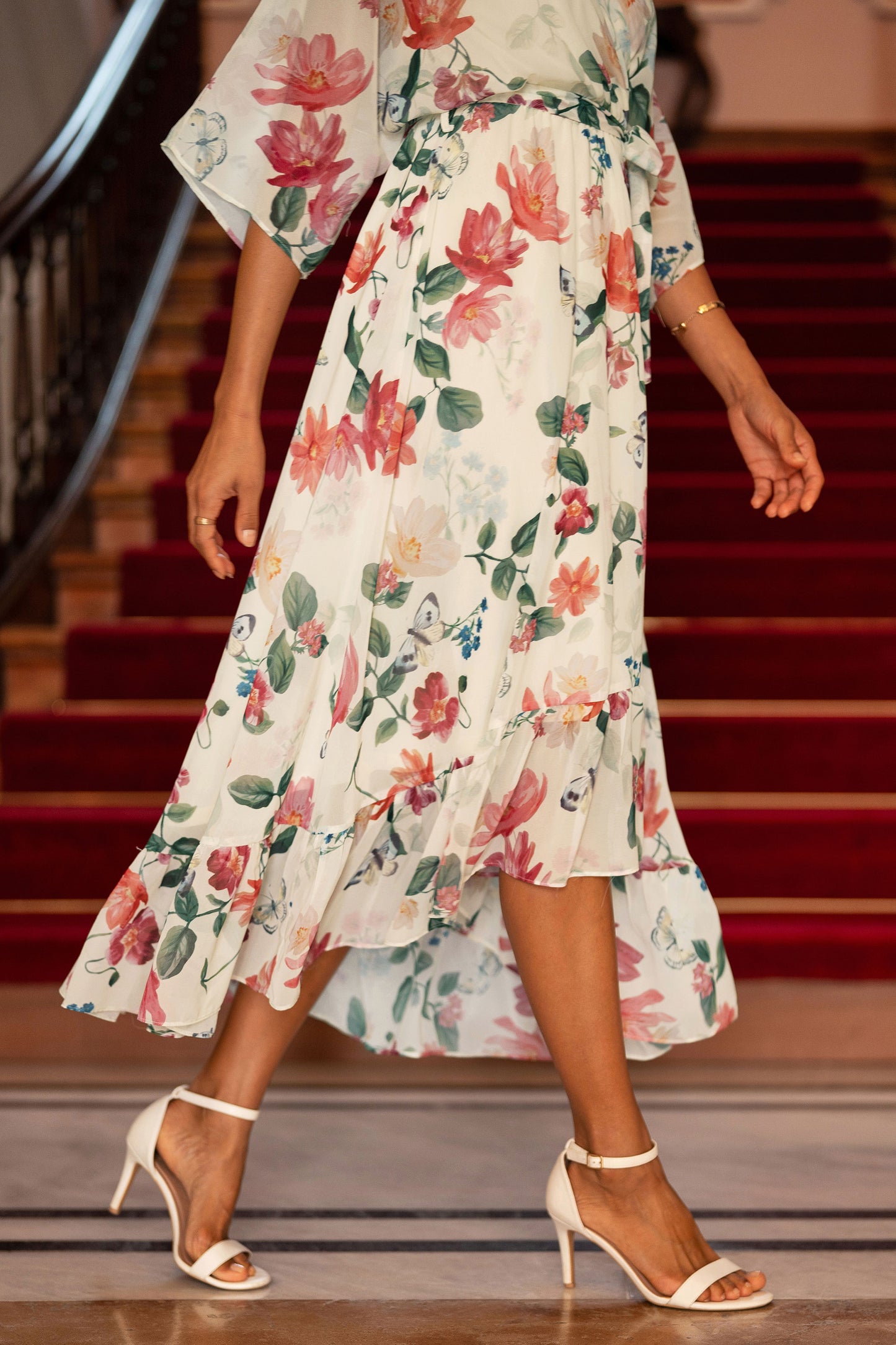 Yumi Ivory Floral Print Wrap Midi Dress With Dipped Hem Dress Occasion Yumi