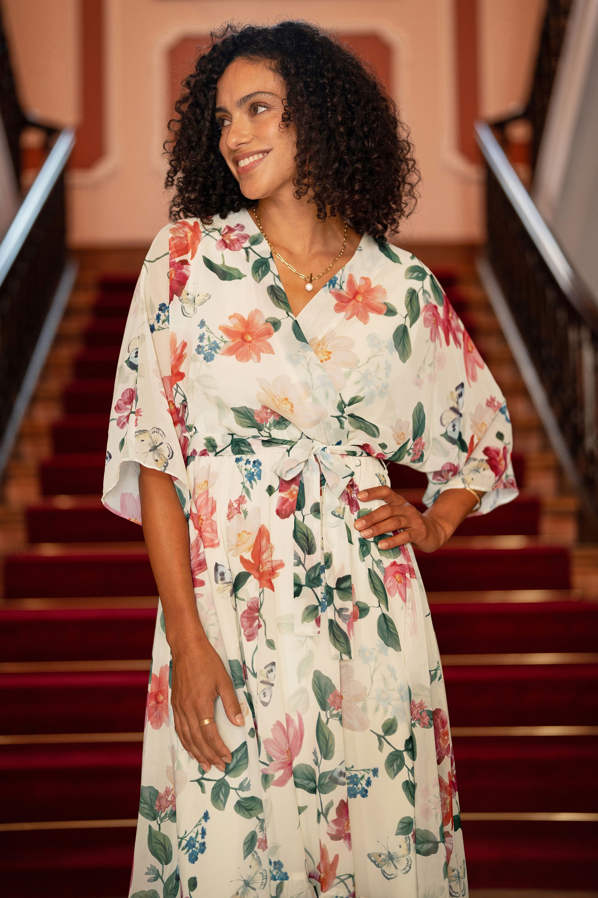 Yumi Ivory Floral Print Wrap Midi Dress With Dipped Hem Dress Occasion Yumi