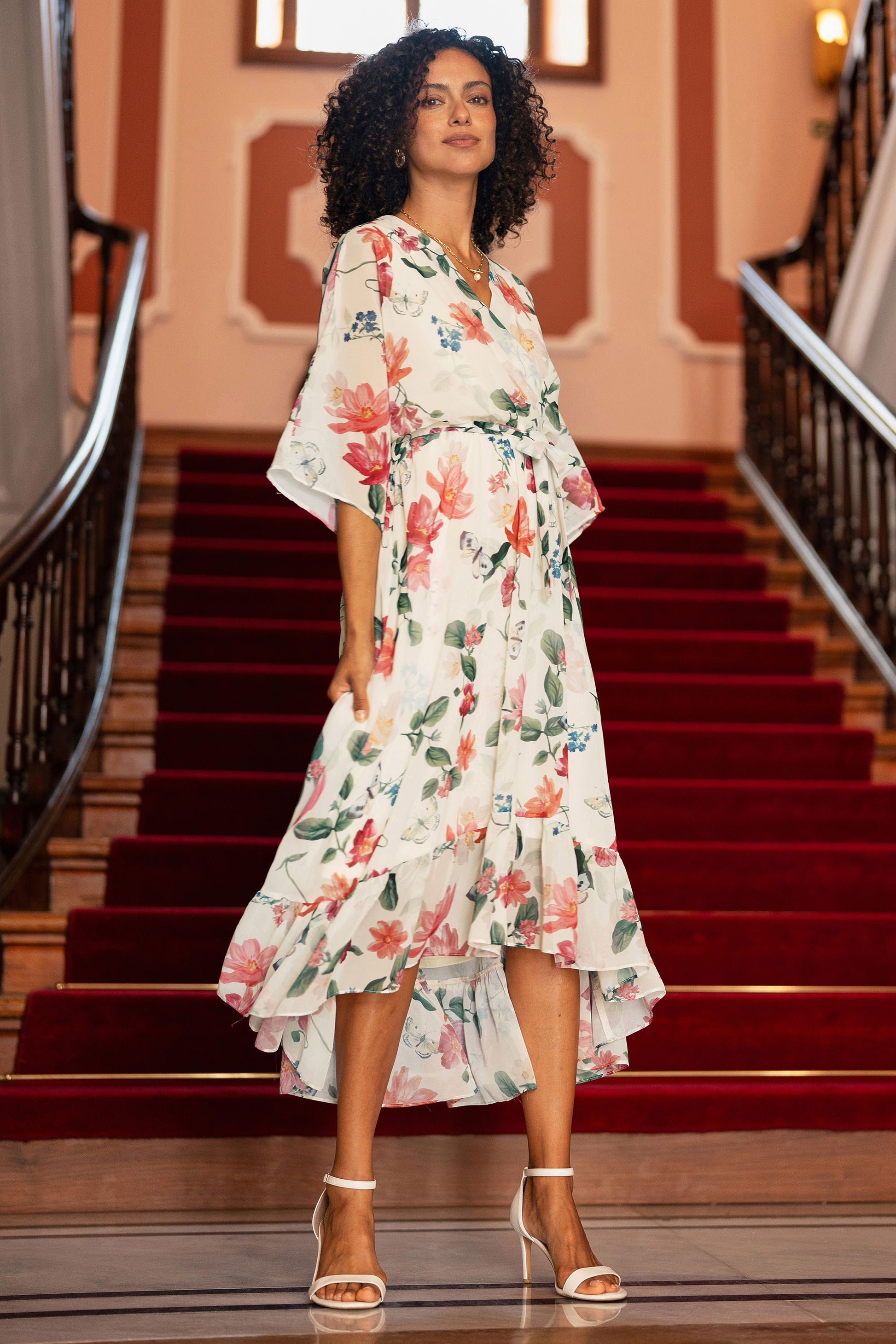 Yumi Ivory Floral Print Wrap Midi Dress With Dipped Hem Dress Occasion Yumi