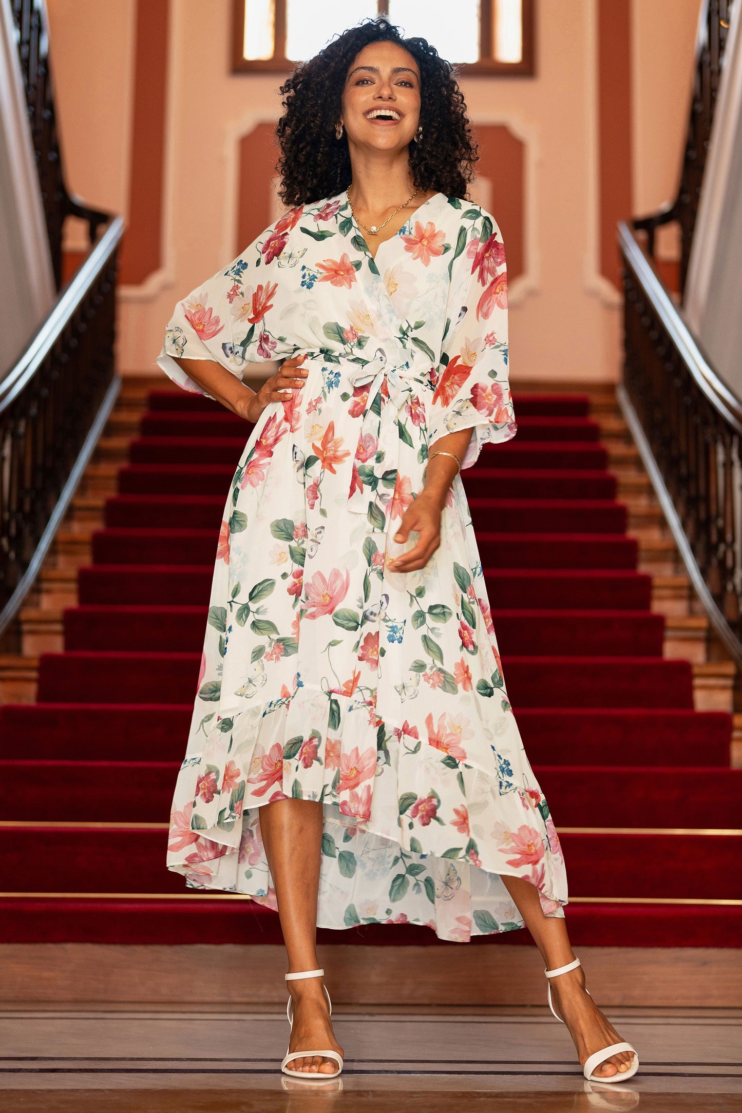 Yumi Ivory Floral Print Wrap Midi Dress With Dipped Hem Dress Occasion Yumi