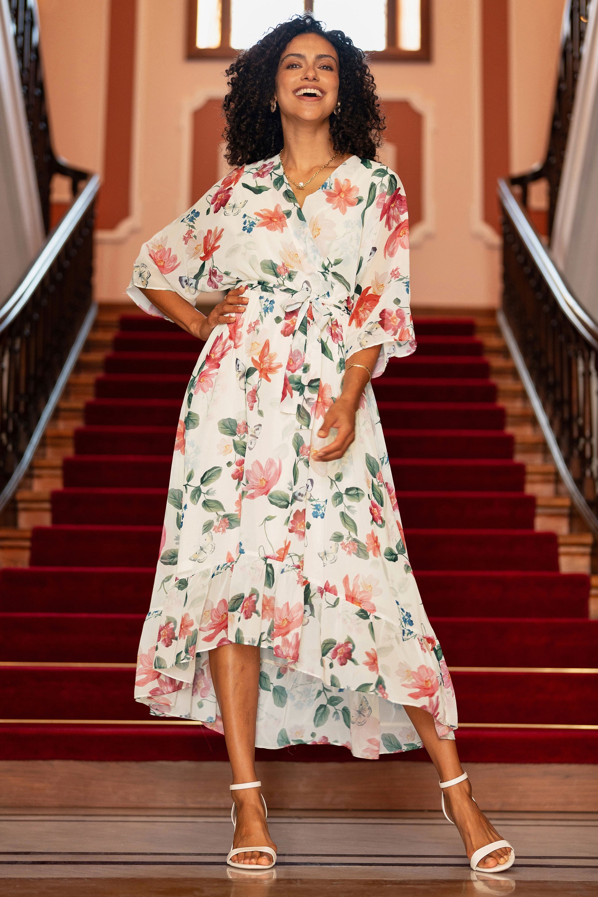 Yumi Ivory Floral Print Wrap Midi Dress With Dipped Hem Dress Occasion Yumi