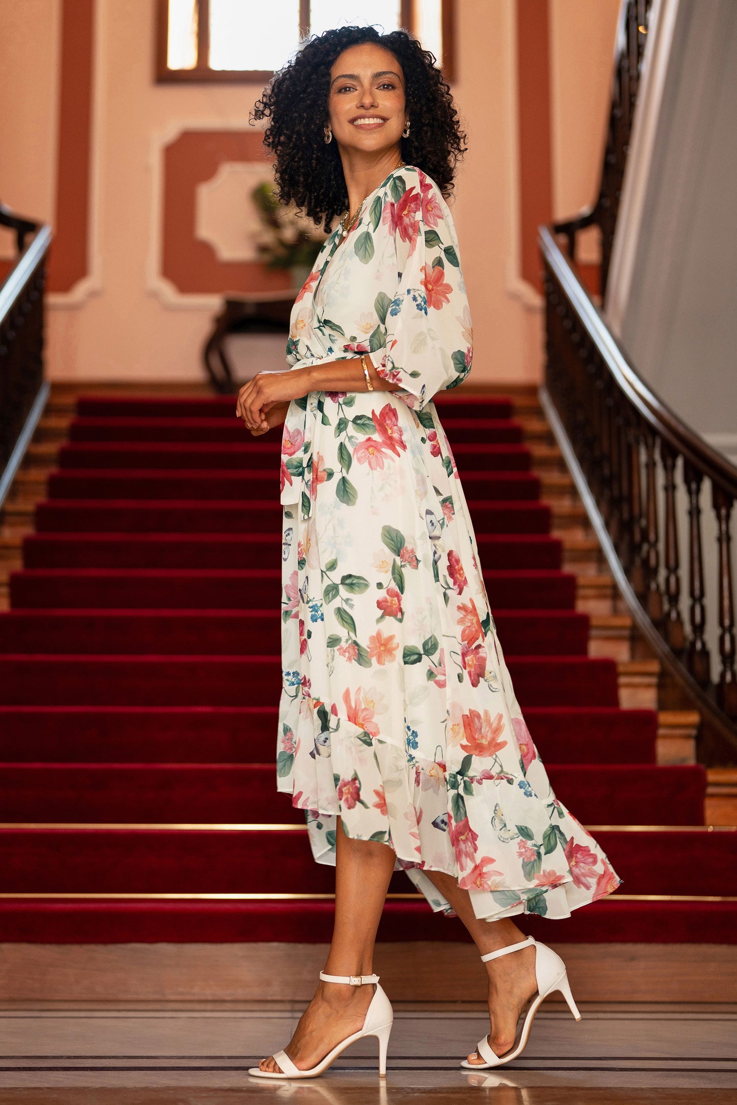 Yumi Ivory Floral Print Wrap Midi Dress With Dipped Hem Dress Occasion Yumi