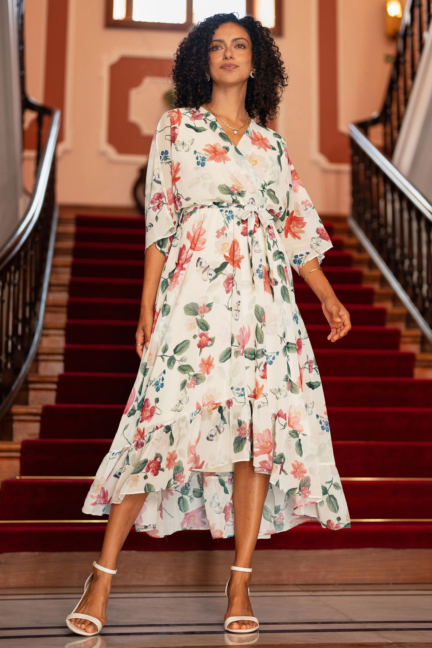 Yumi Ivory Floral Print Wrap Midi Dress With Dipped Hem Dress Occasion Yumi