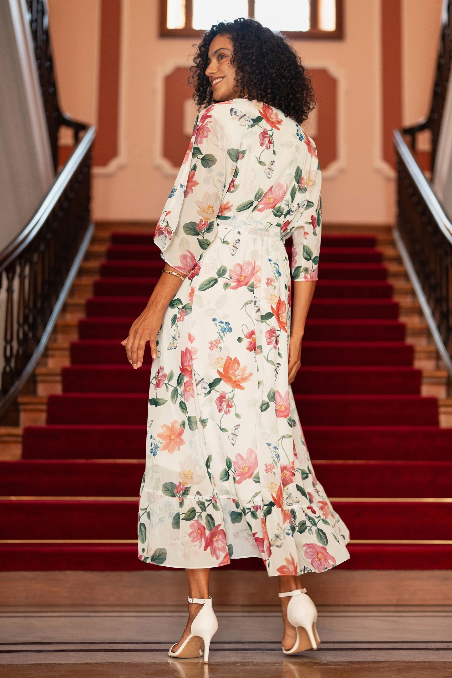 Yumi Ivory Floral Print Wrap Midi Dress With Dipped Hem Dress Occasion Yumi