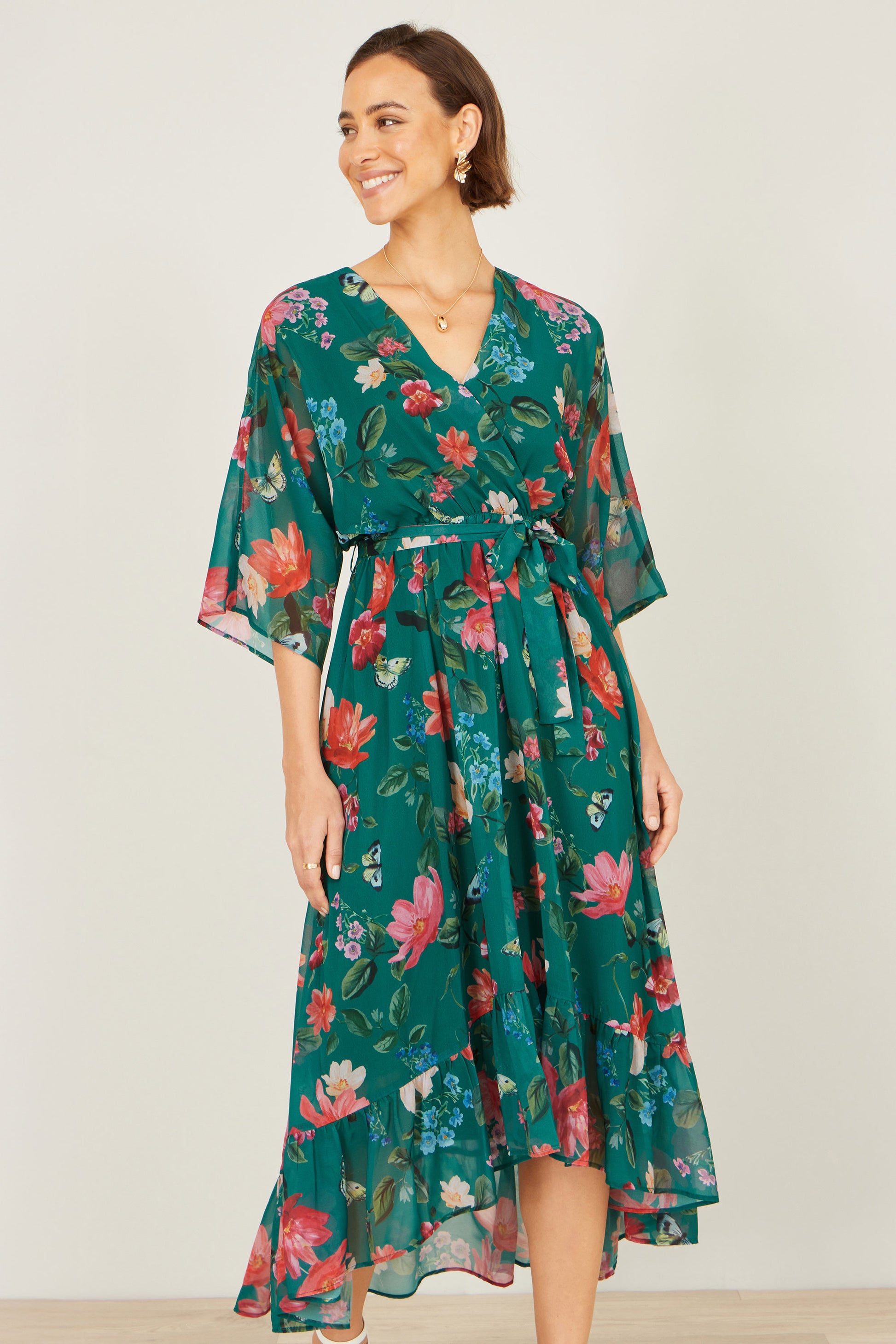 Yumi Green Floral Kimono Wrap Dress With Dip Hem Dress Occasion Yumi