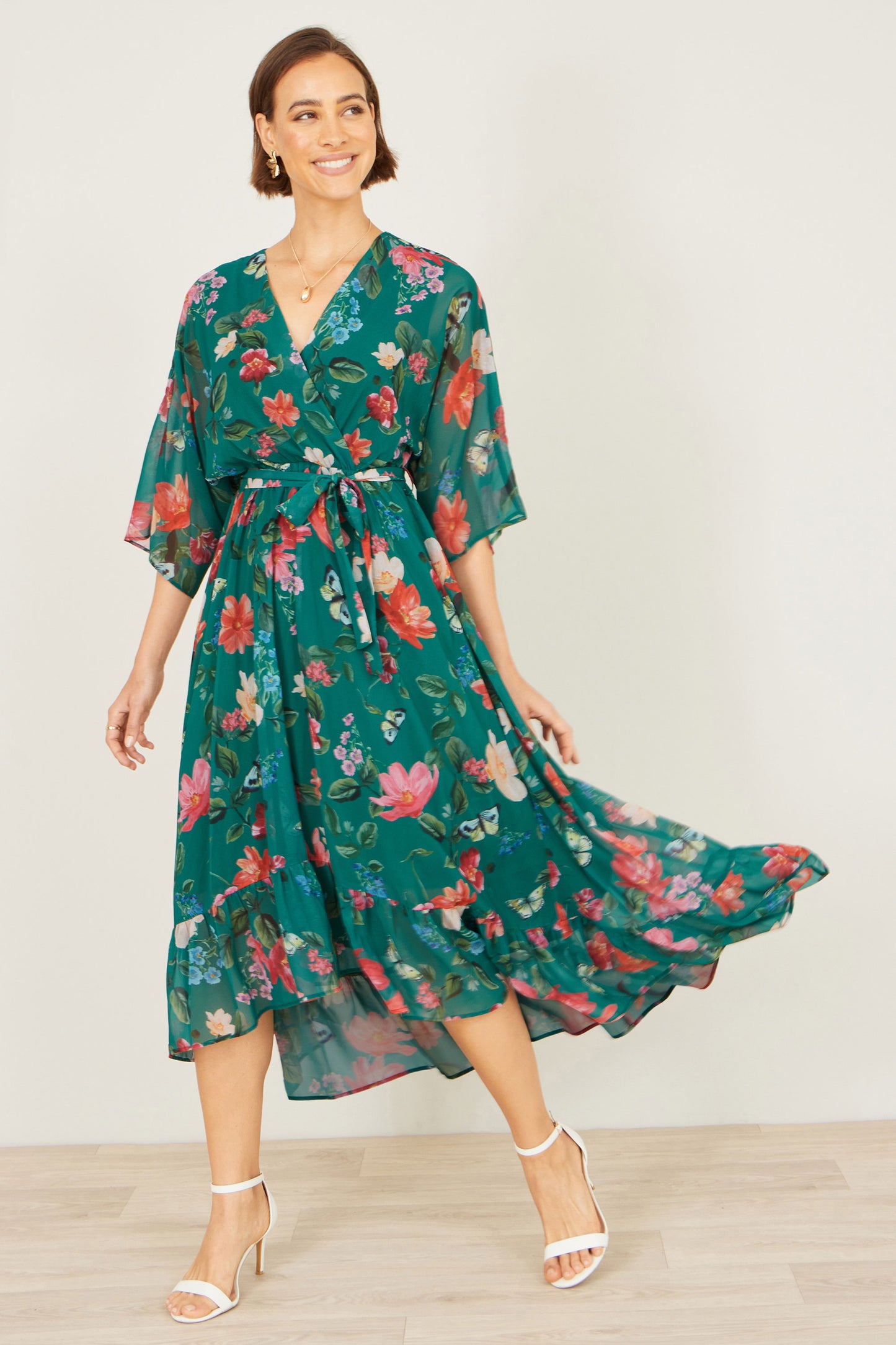 Yumi Green Floral Kimono Wrap Dress With Dip Hem Dress Occasion Yumi